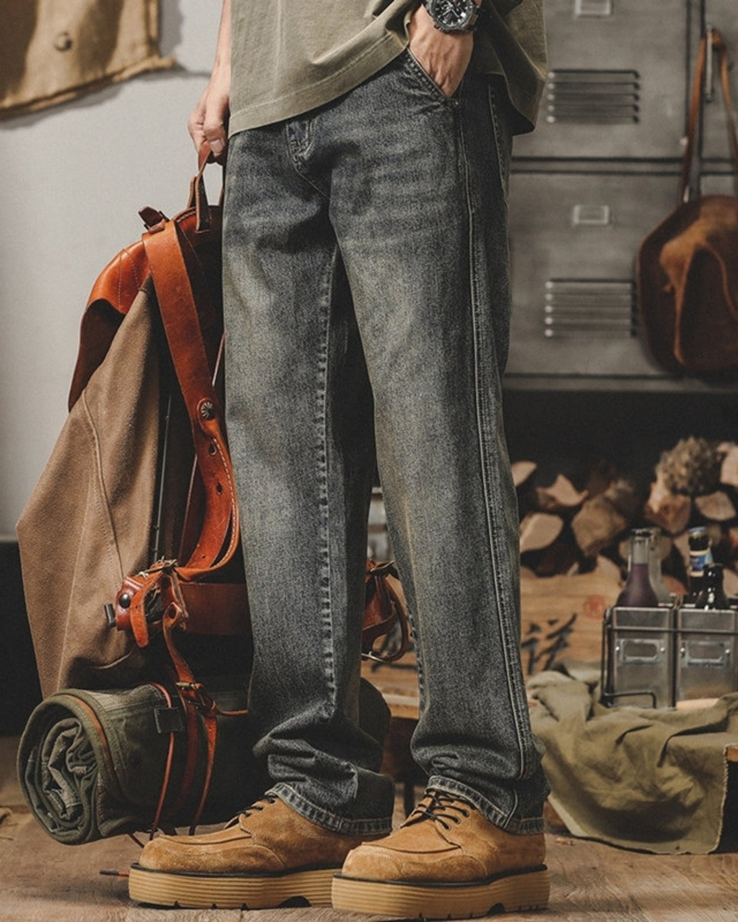 loose straight mud wash denim pants 【ACT0186】