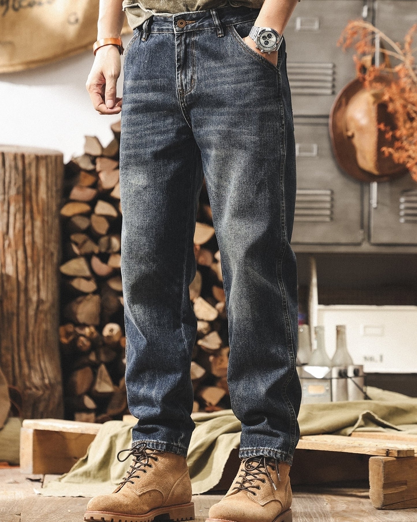 vintage washed loose tapered denim pants 【ACT0208】