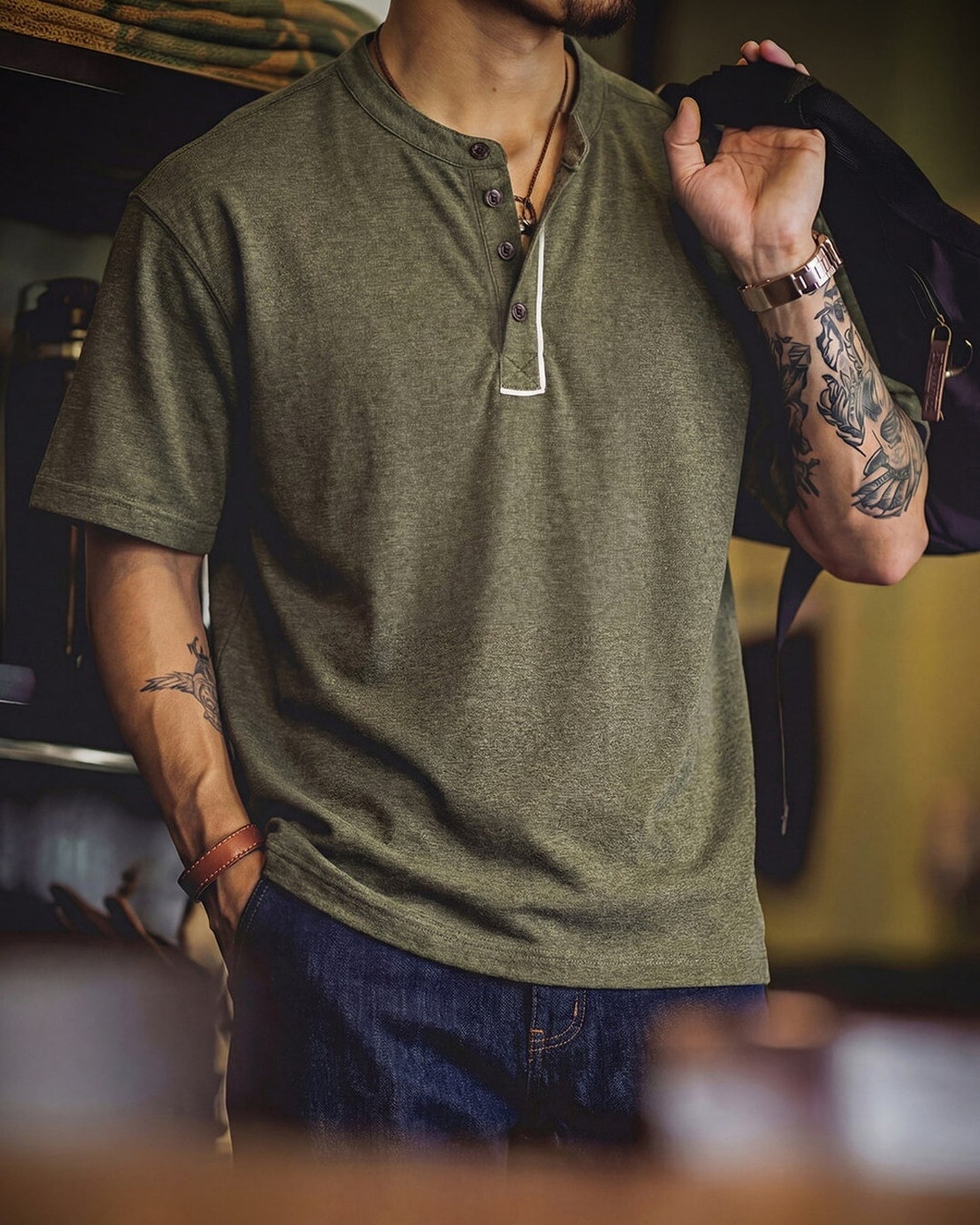 Linen-Blend Piping Relaxed Henley Neck T-Shirt 【ACT0113】
