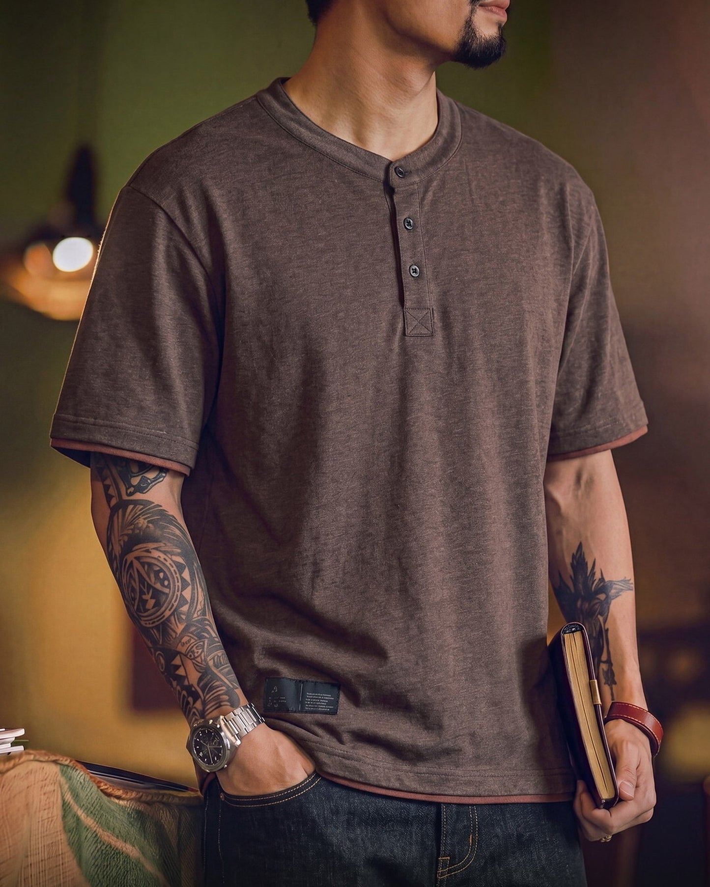 Relaxed Contrast-Trim Heavyweight Cotton Henley T-Shirt 【ACT0100】