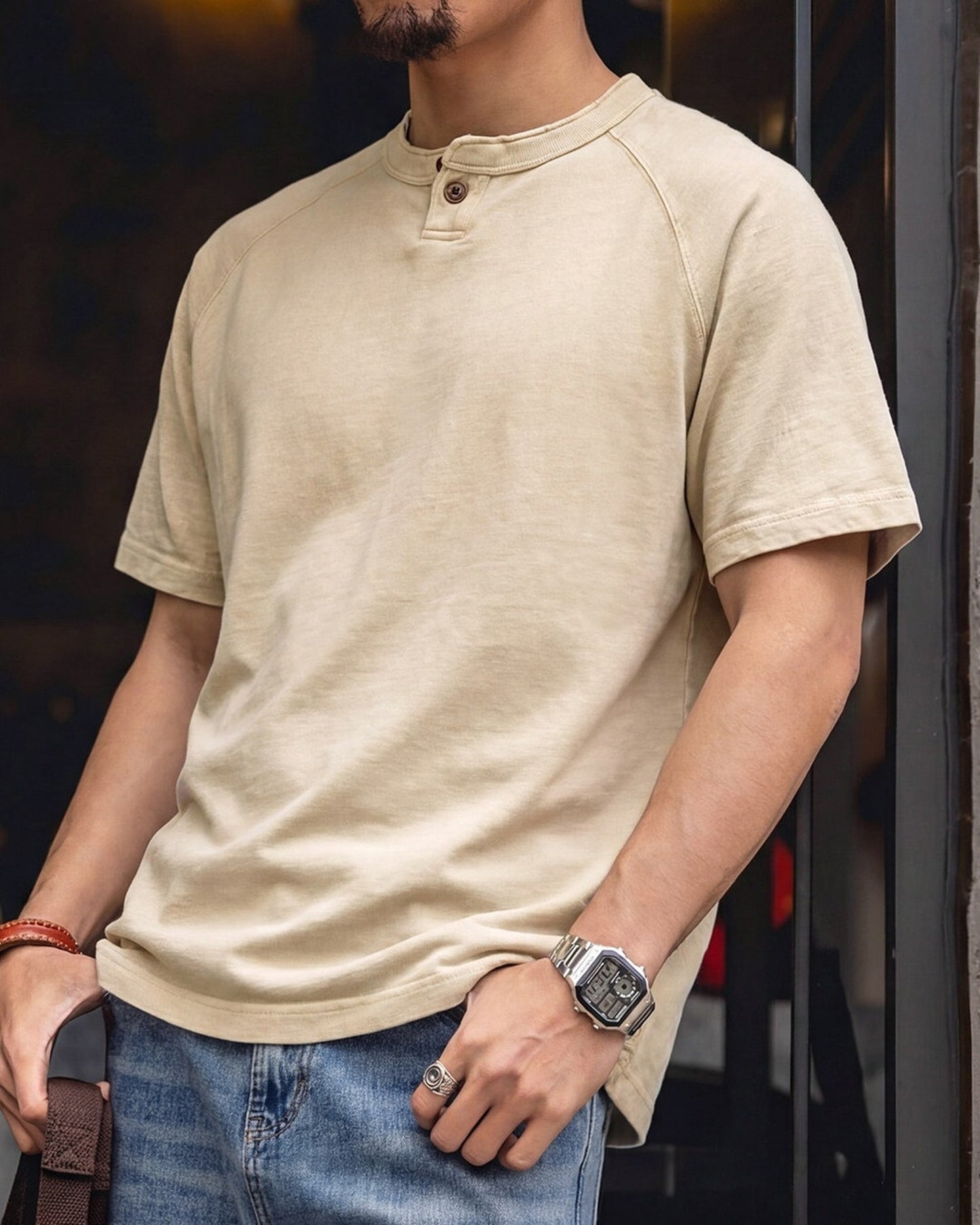 Henley-Neck Raglan-Sleeve Loose Casual T-Shirt 2color 【ACT0085】