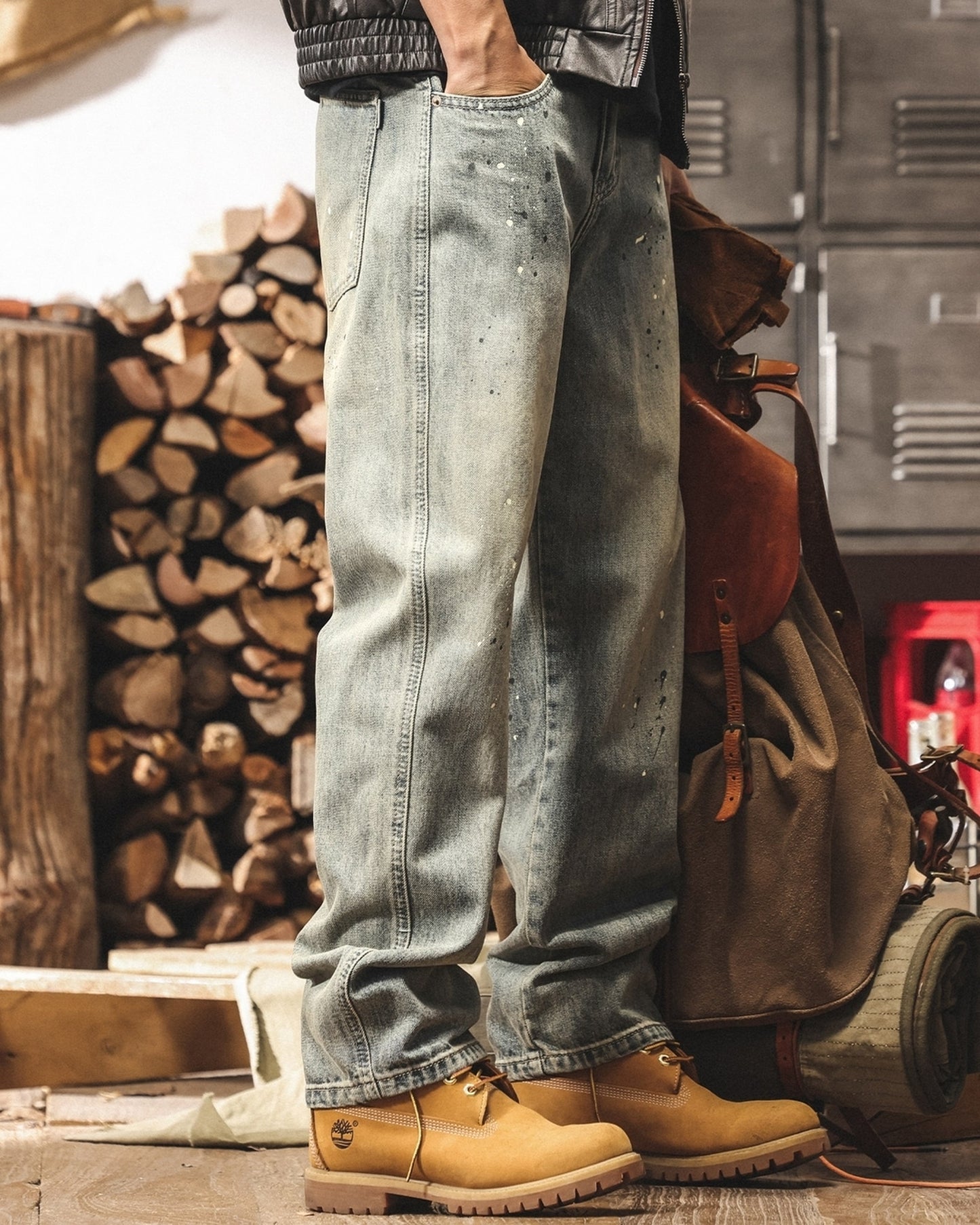 vintage wash splash loose straight denim pants 【ACT0225】