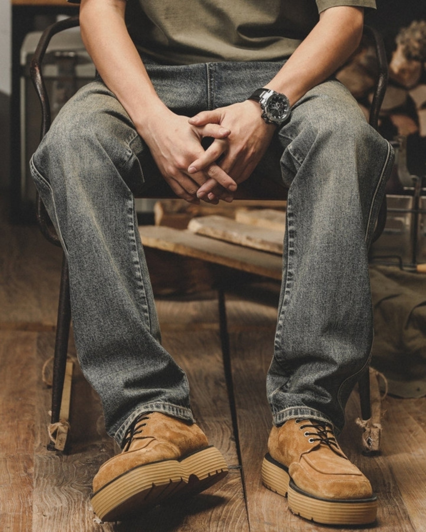 loose straight mud wash denim pants 【ACT0186】
