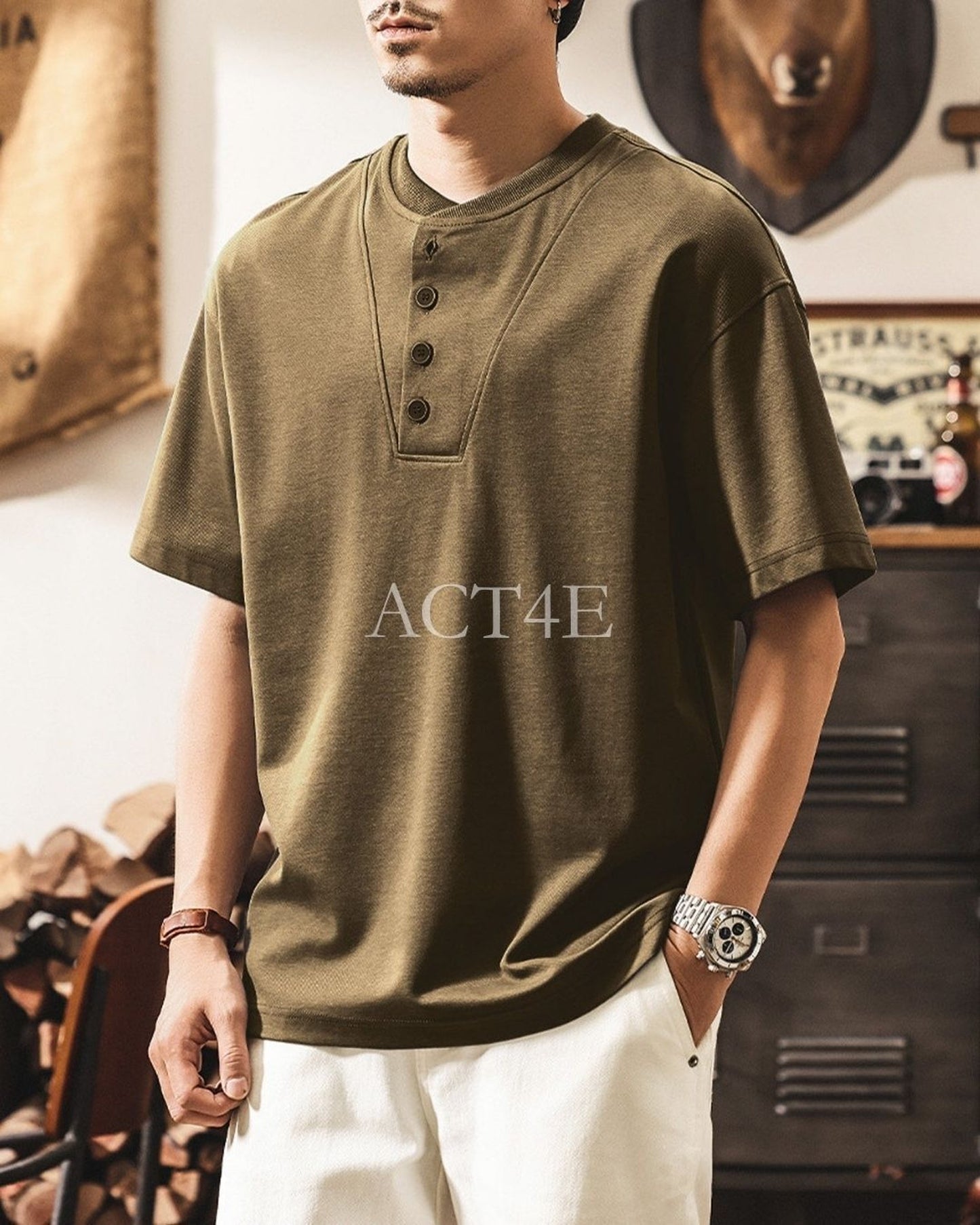 henley neck short sleeve t-shirt 2color 【ACT0245】