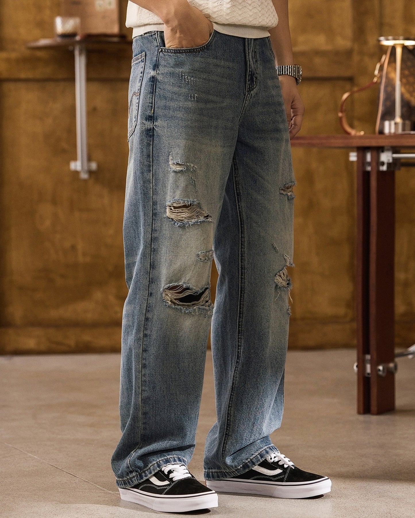 distressed loose straight denim pants 【ACT0177】