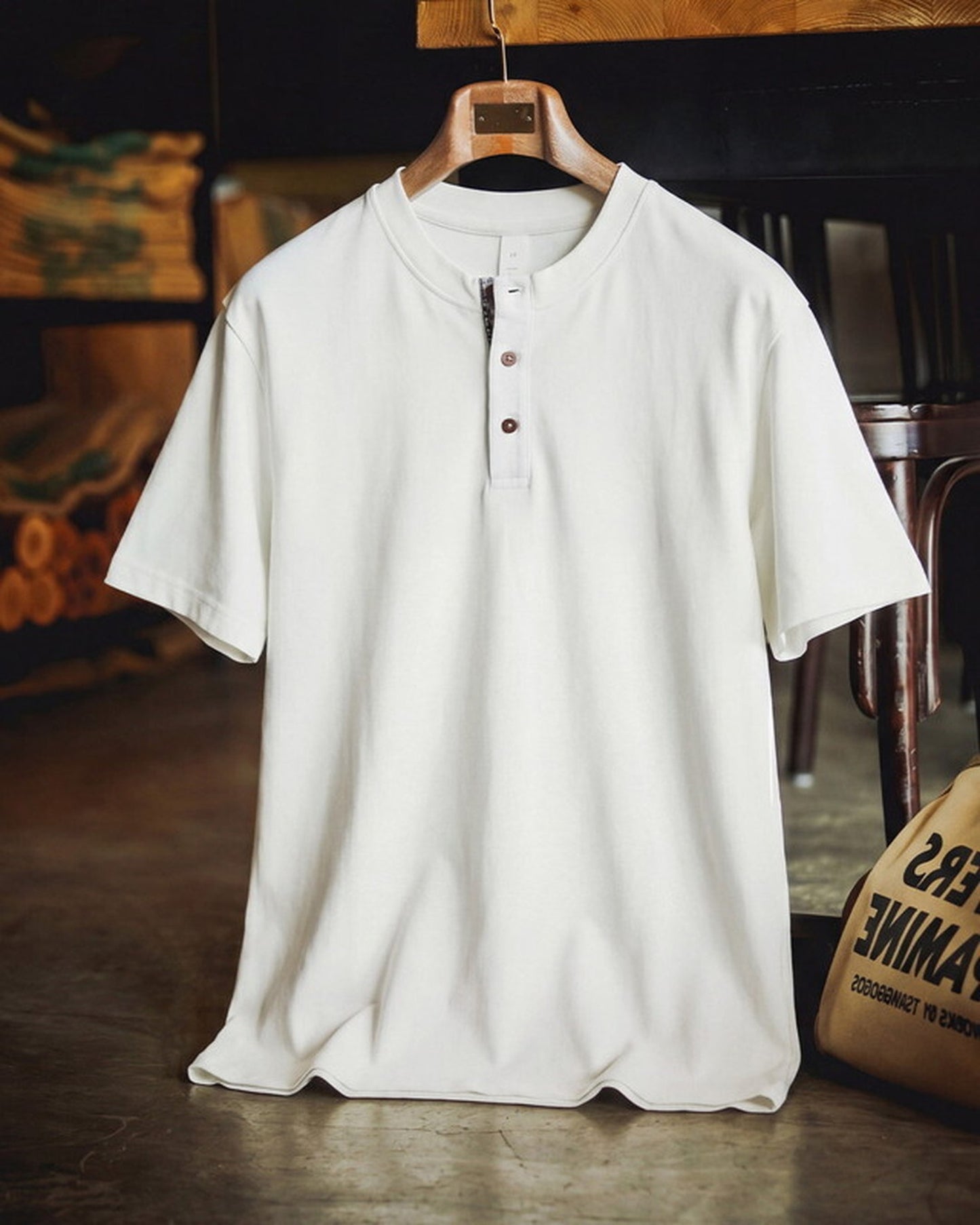 Henley Neck Relaxed Plaid-Trimmed Waffle T-Shirt 2color 【ACT0108】