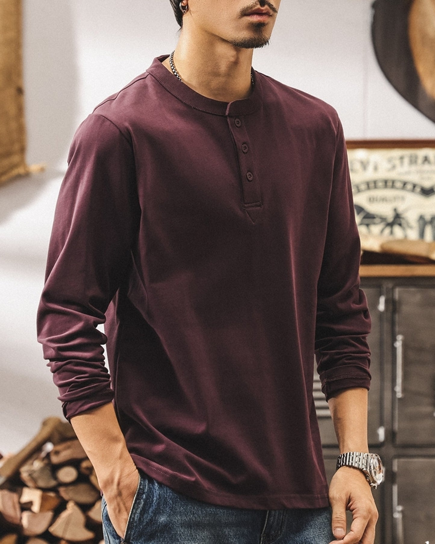 henley neck long sleeve t-shirt 5color 【ACT0244】