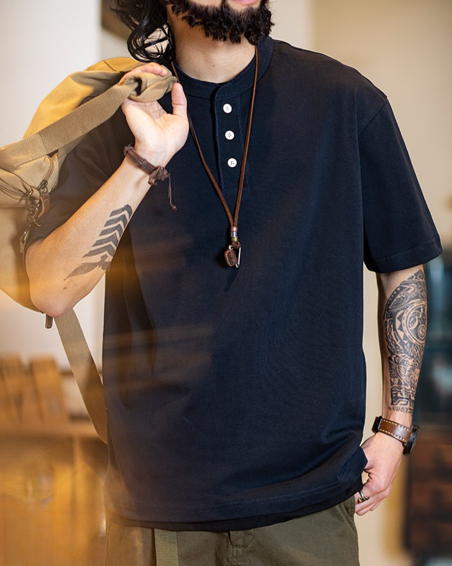 Button detail casual neck t-shirt 4color 【ACT0154】