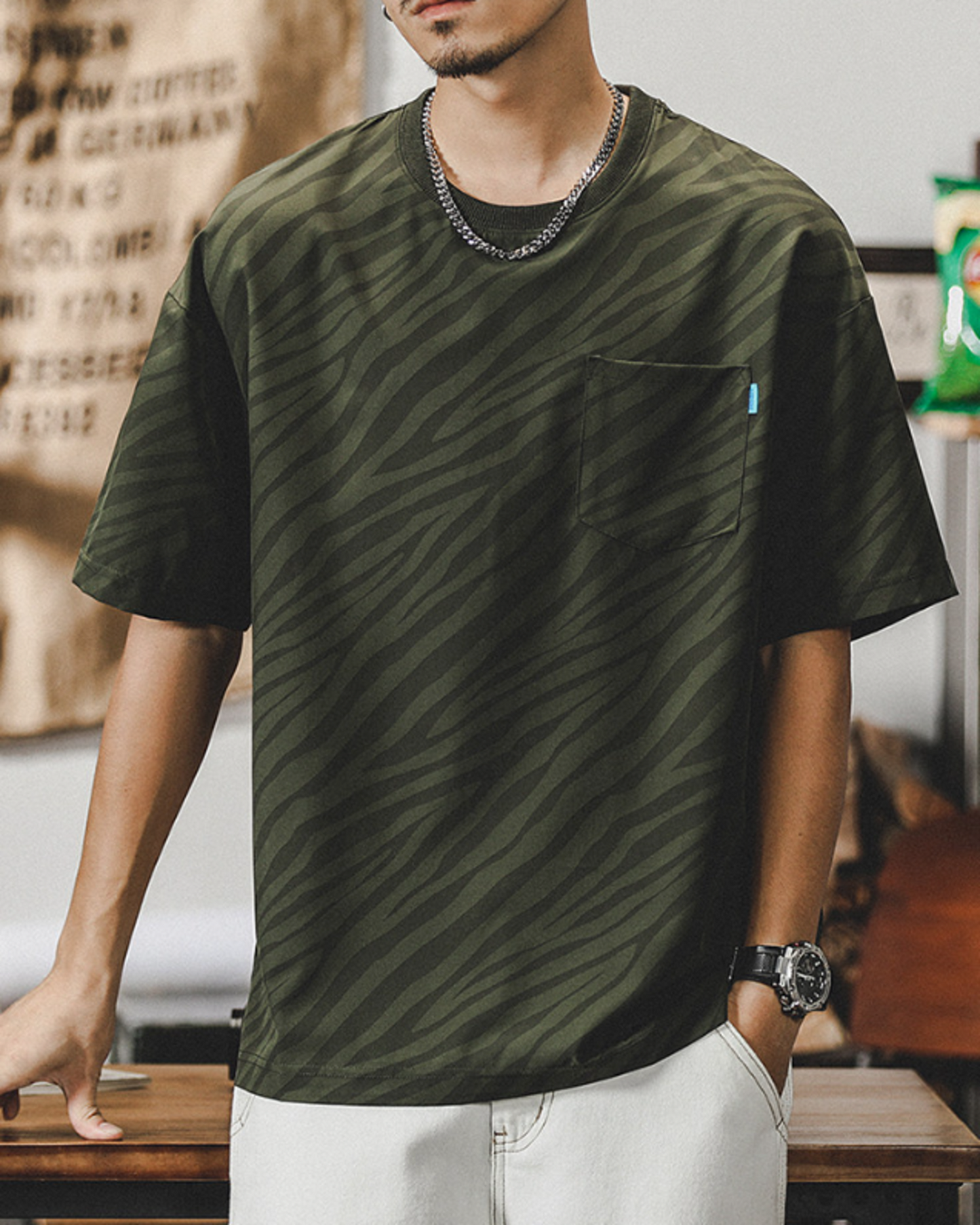 zebra striped pocket short sleeve t-shirt 3color 【ACT0165】