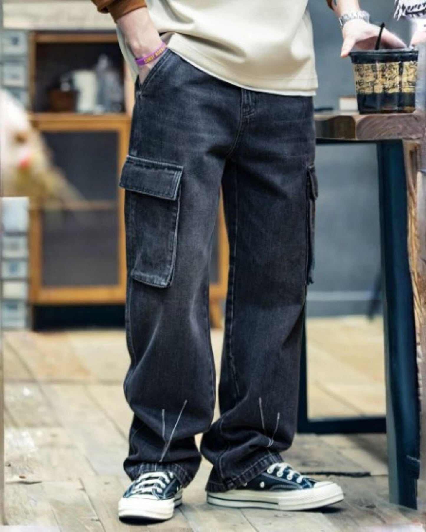patch pocket wide denim cargo pants 【ACT0006】