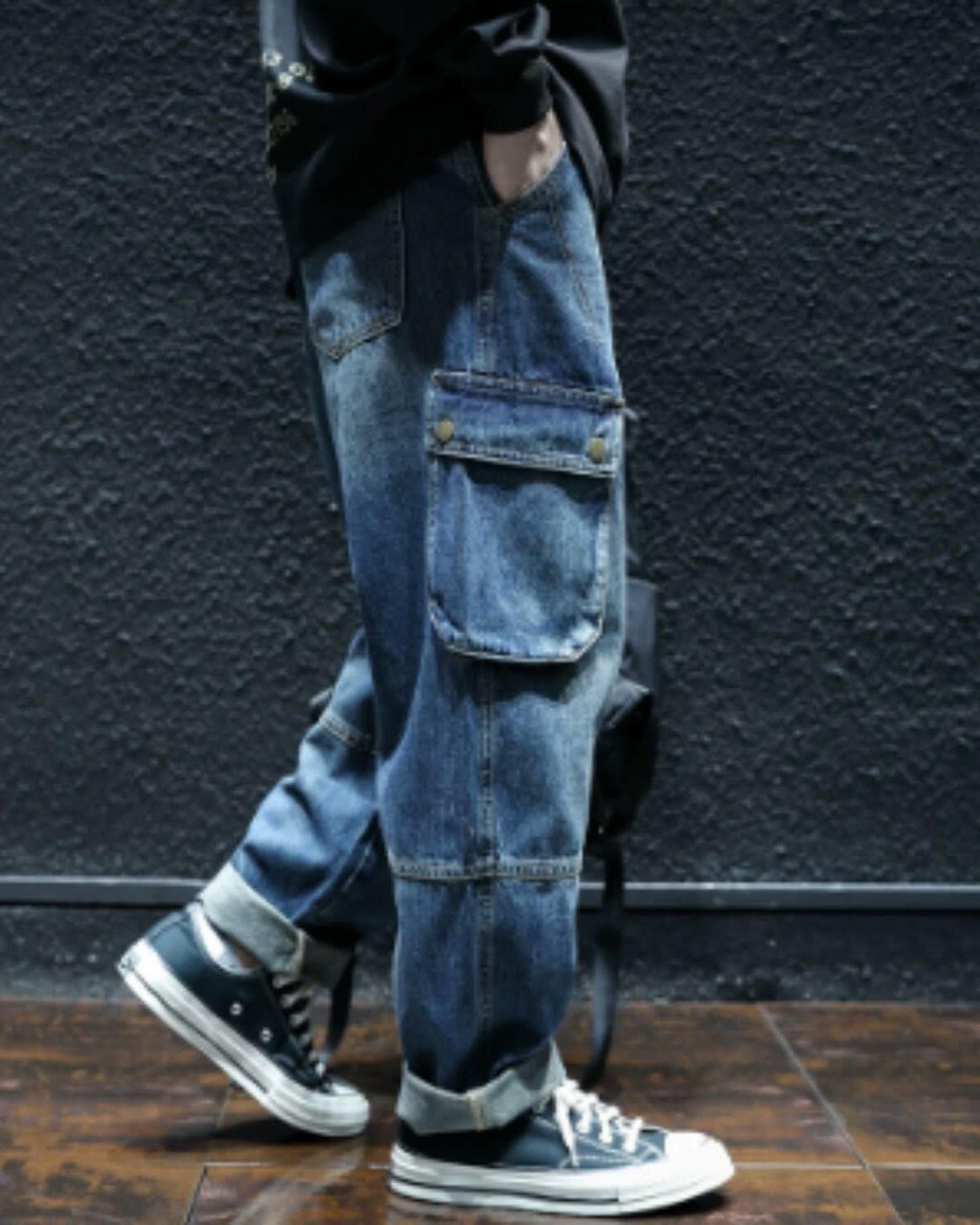 vintage processed loose fit cargo denim pants 【ACT0023】