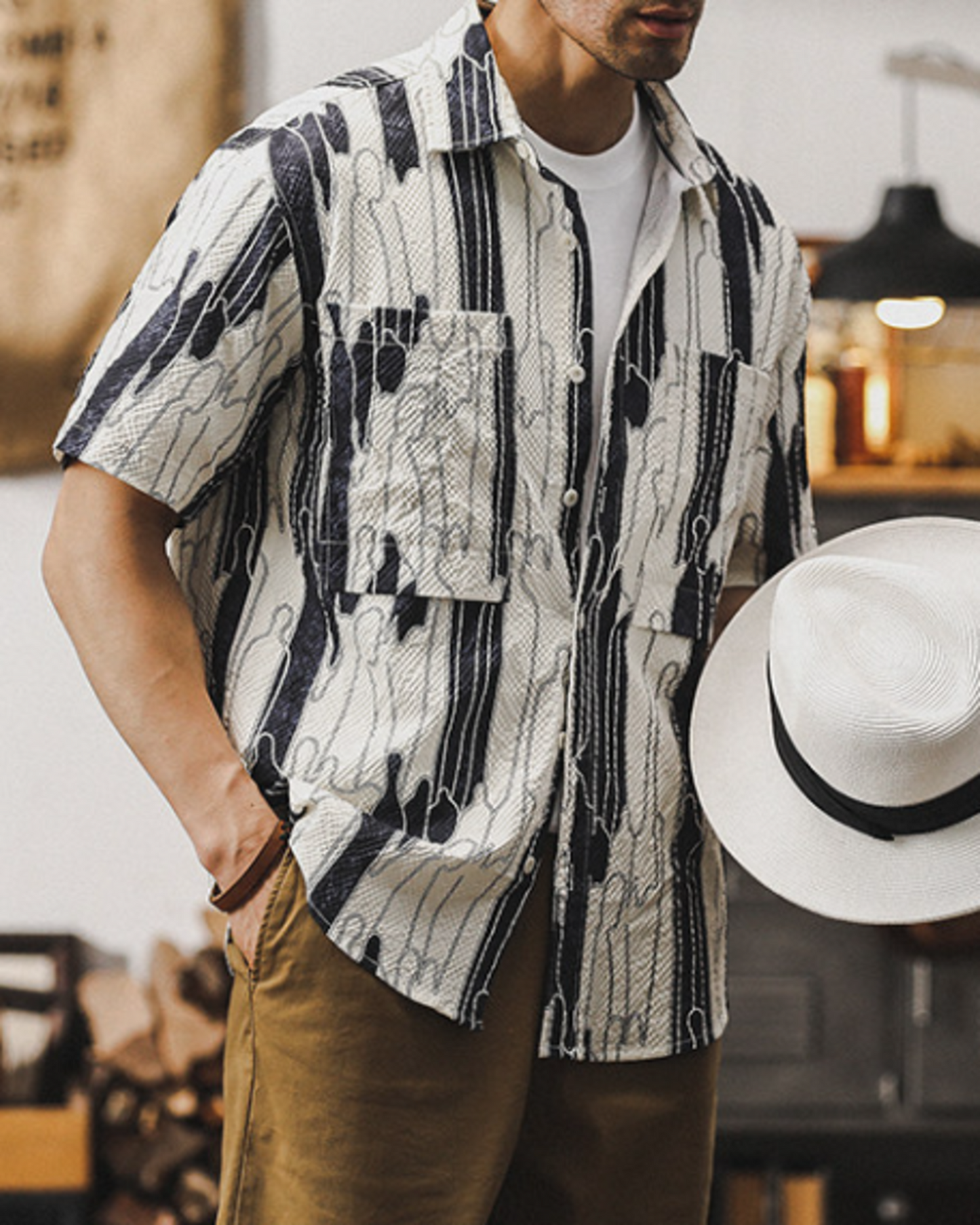 vintage pattern loose short sleeve work shirt 2color 【ACT0227】