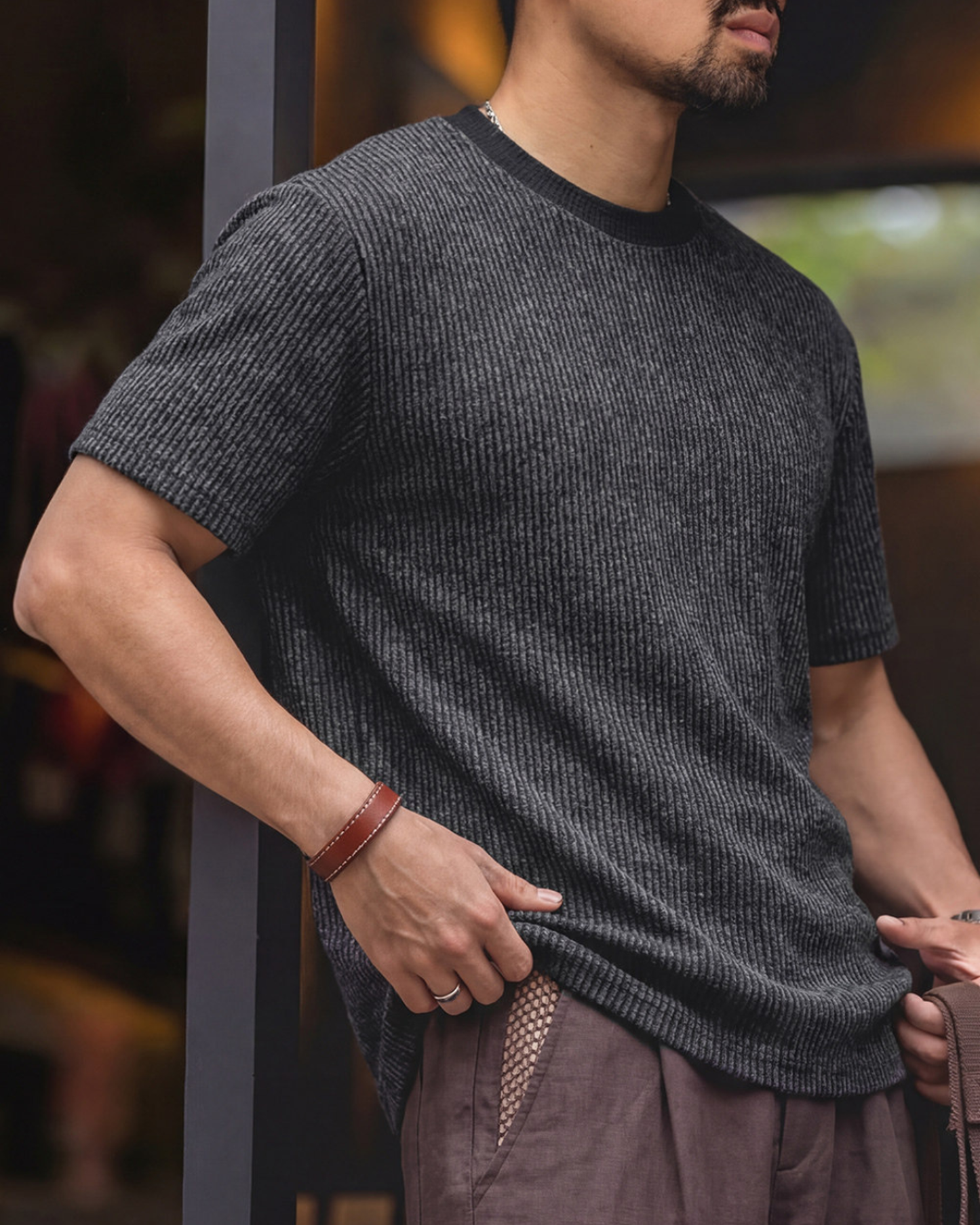 Vertical stripe rib knit t-shirt 【ACT0064】