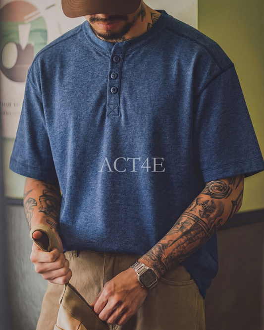 Short-Sleeve Cotton Henley-Neck Loose Casual T-Shirt 2color 【ACT0125】