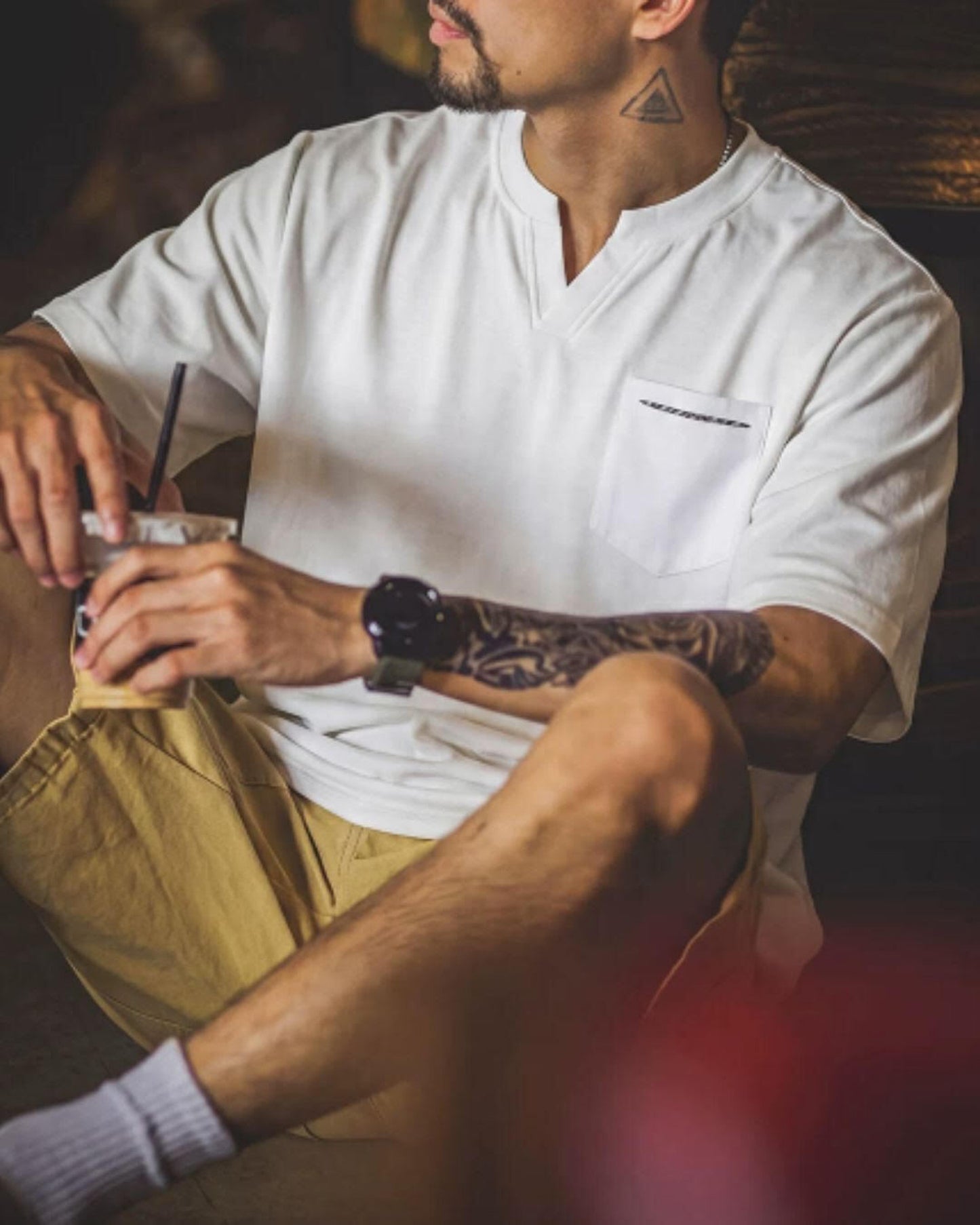 henley neck patch pocketed t-shirt 2color 【ACT0036】