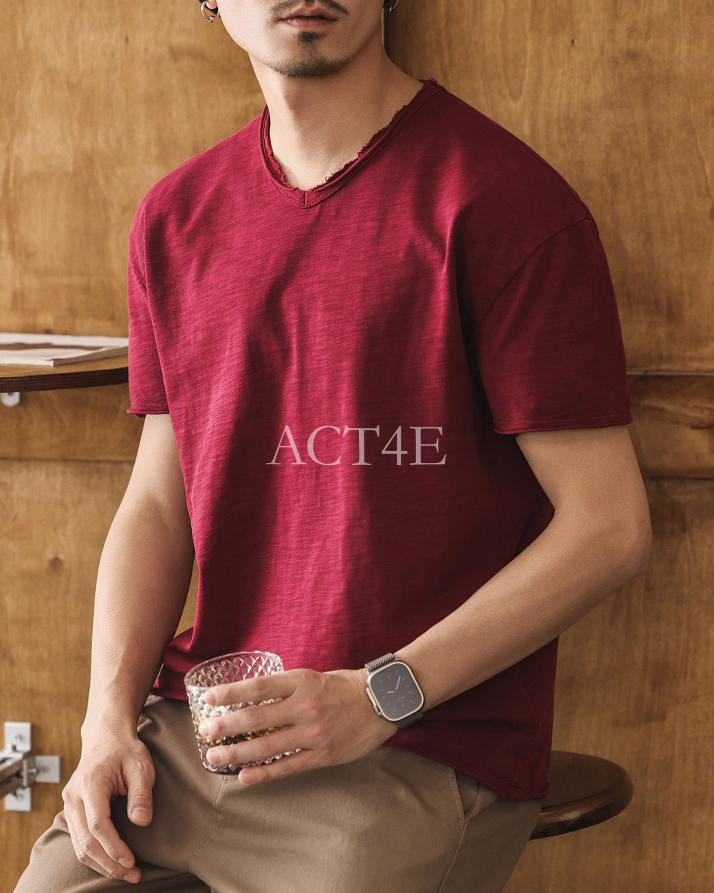 american retro slub cotton v-neck short sleeve t-shirt 7color 【ACT0160】