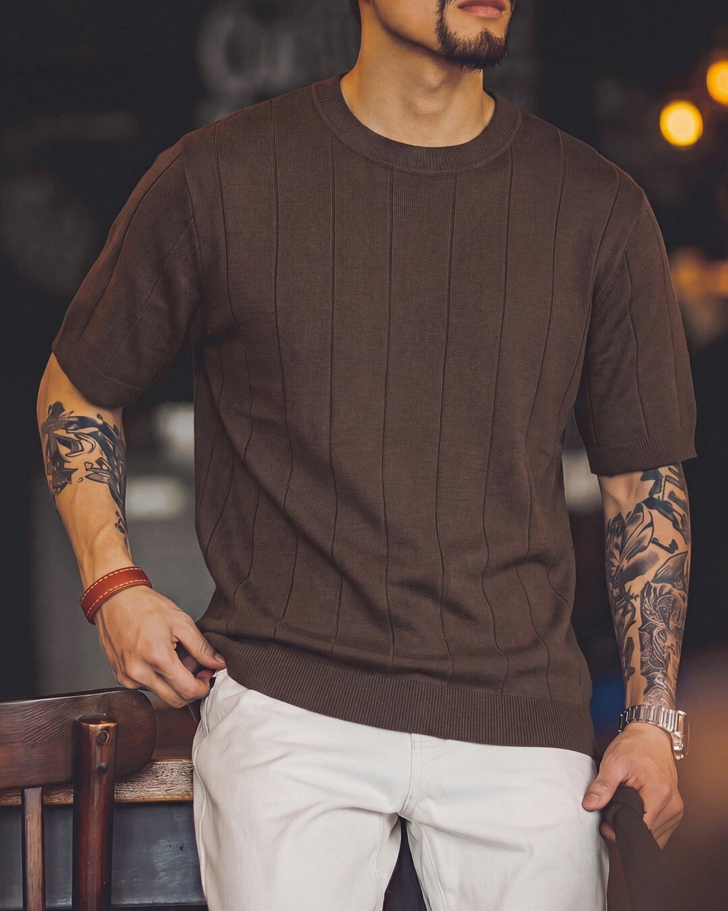 Smart-Casual Vertical-Stripe Knit Relaxed T-Shirt 4color 【ACT0101】