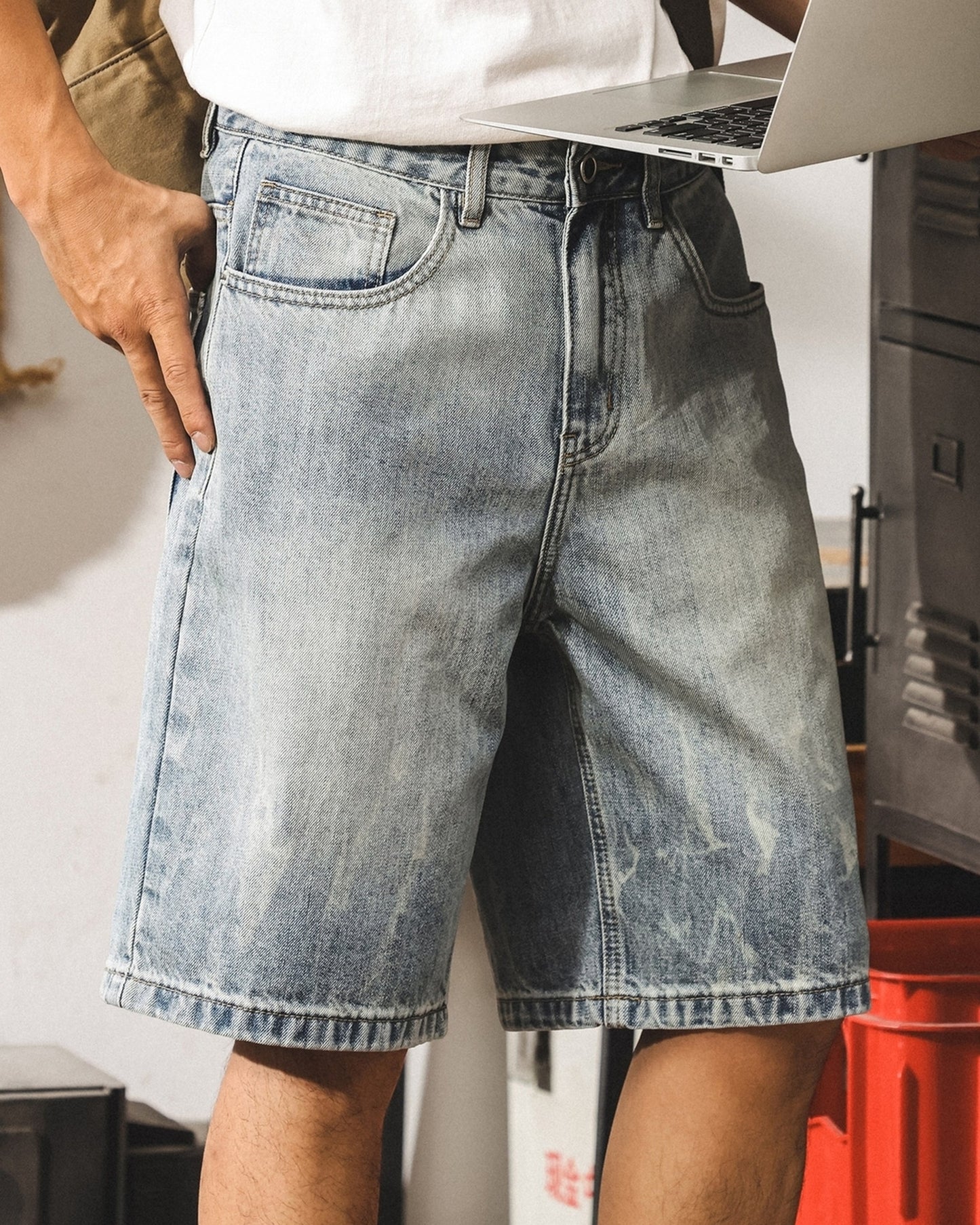 washed straight denim shorts 【ACT0174】
