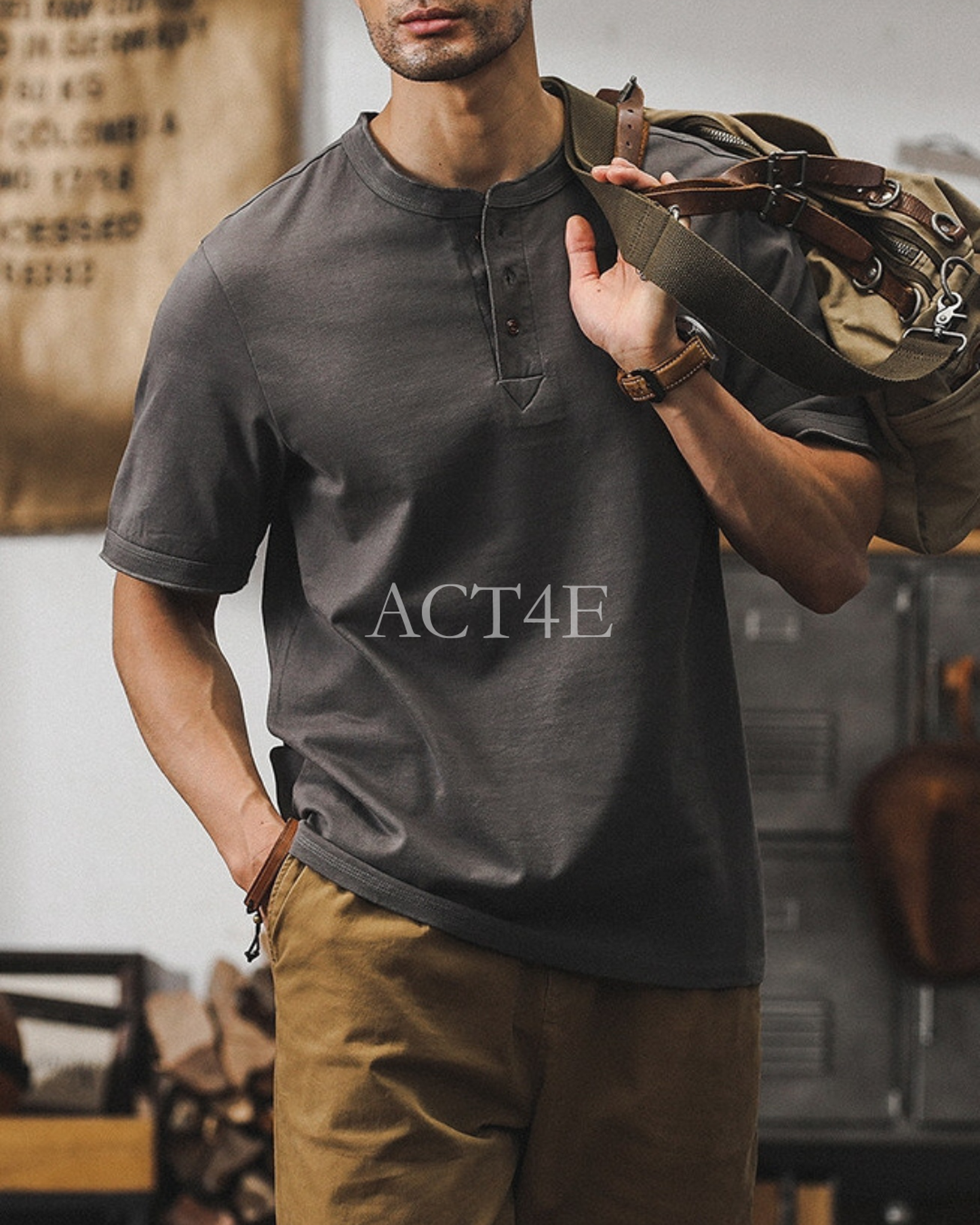 loose cotton henley neck t-shirt 5color 【ACT0164】