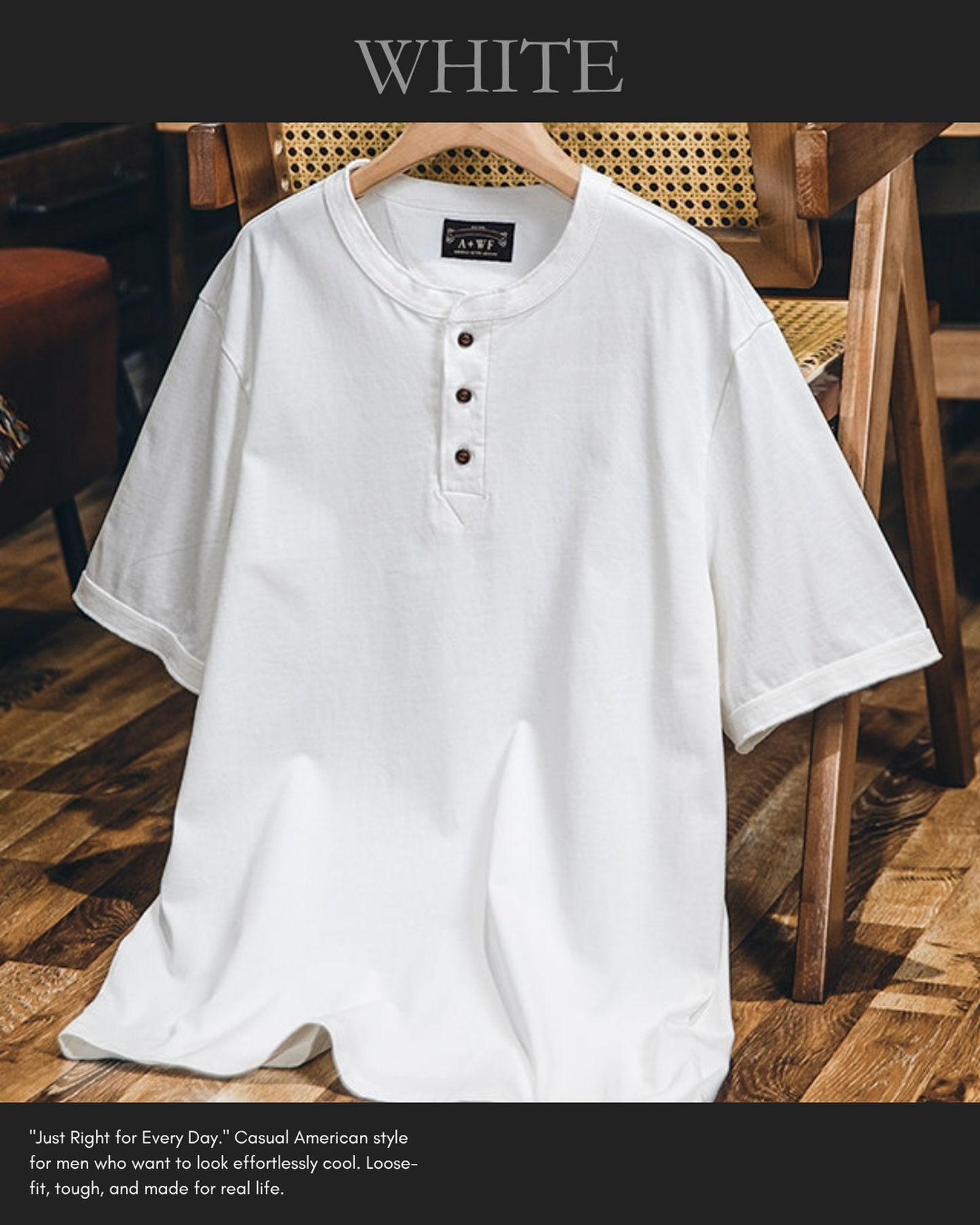 vintage henley neck solid short sleeve t-shirt 5color 【ACT0158】