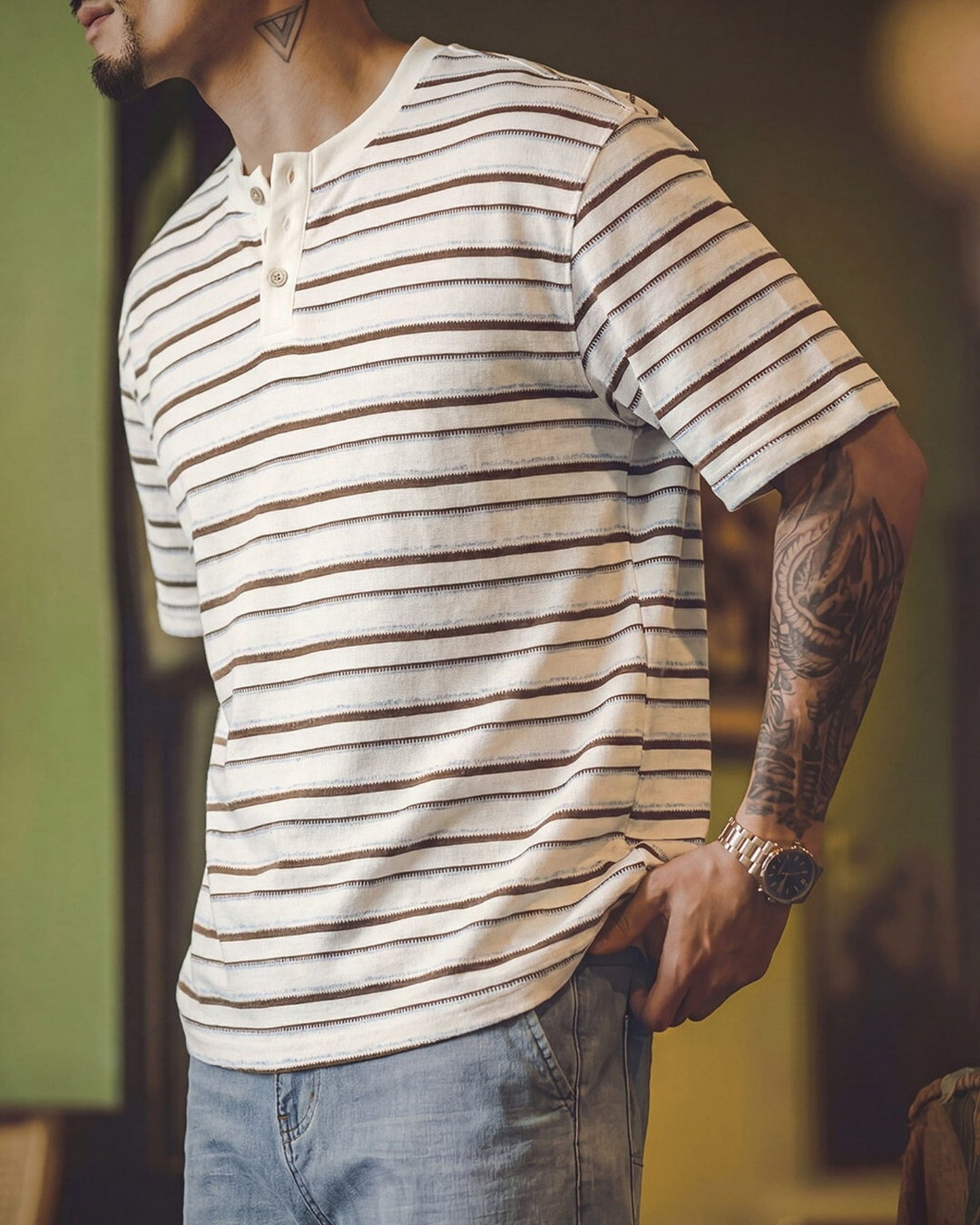 Stripe Henley-Neck Casual Loose Short-Sleeve T-Shirt 【ACT0071】