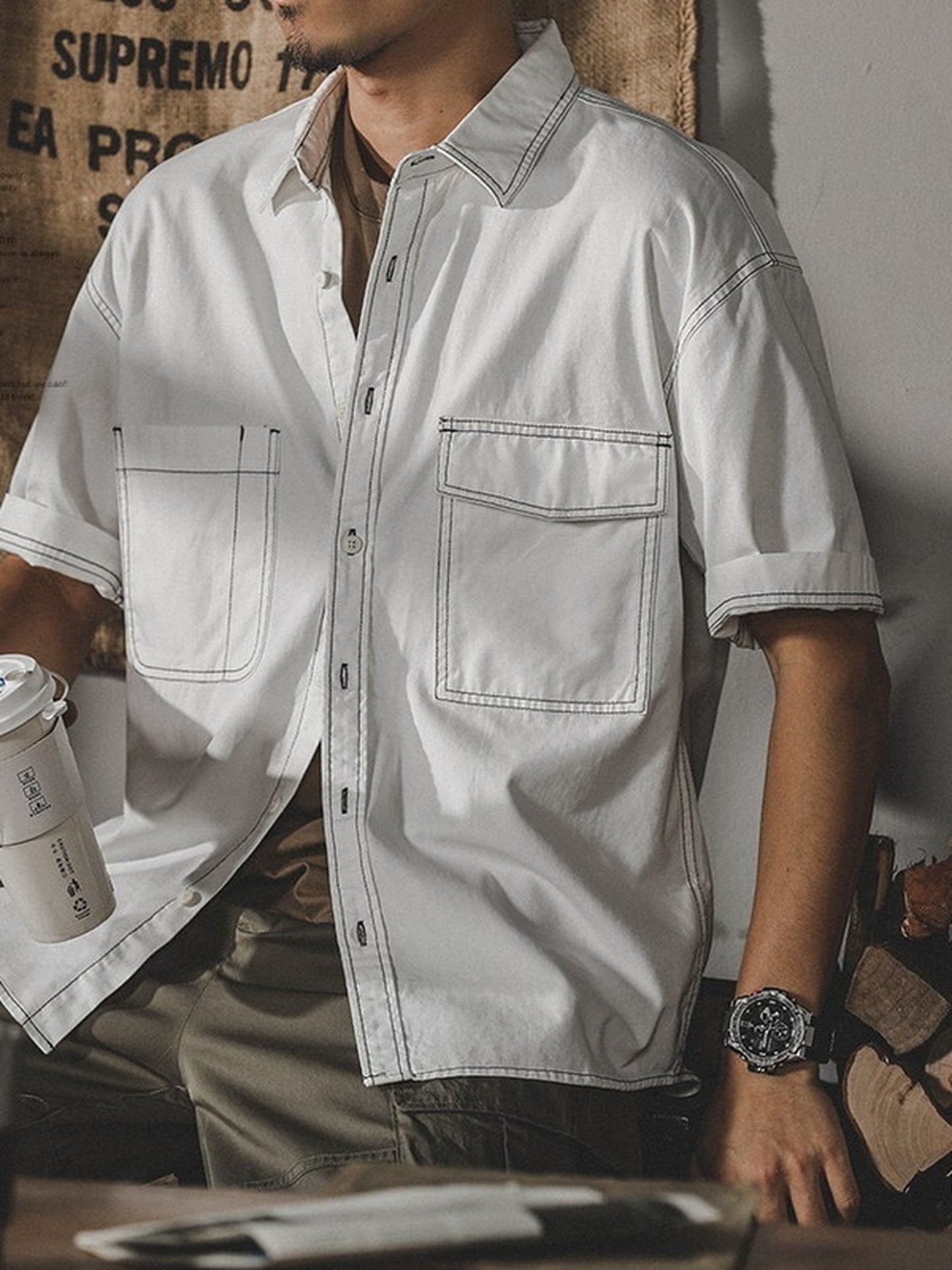 loose-fit stitched pocket short-sleeve cotton shirt 【ACT0252】