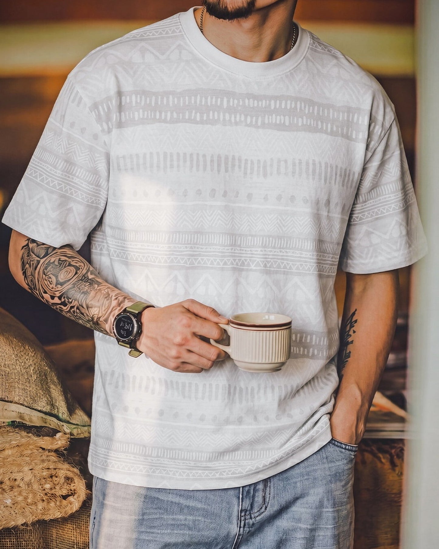 Native-Pattern Vintage Geometric Relaxed T-Shirt 2color 【ACT0103】