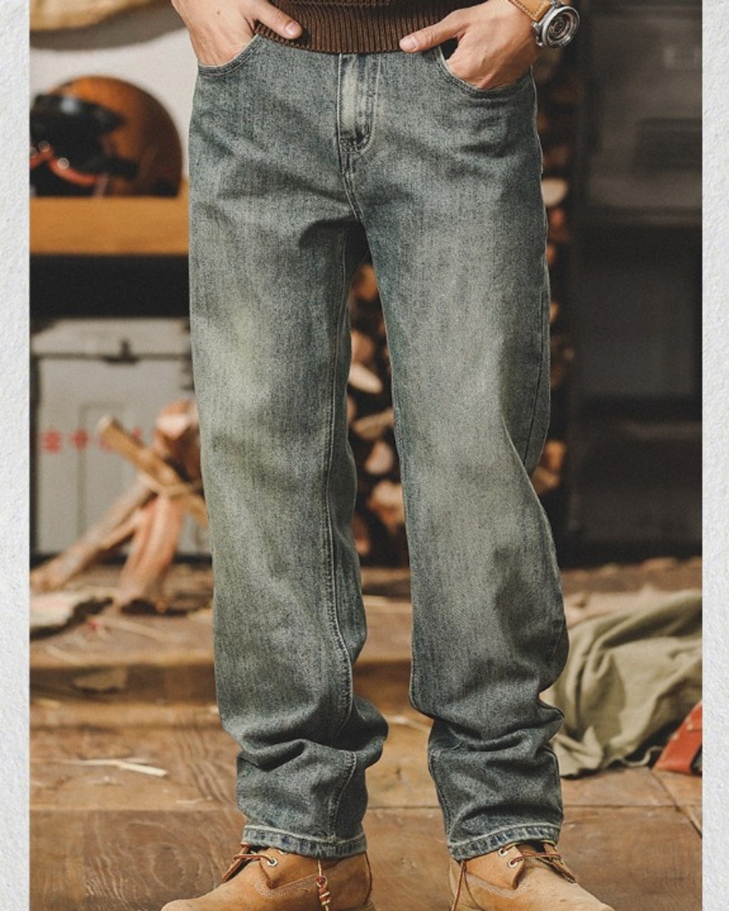 vintage heavy weight loose straight denim pants 2color 【ACT0224】