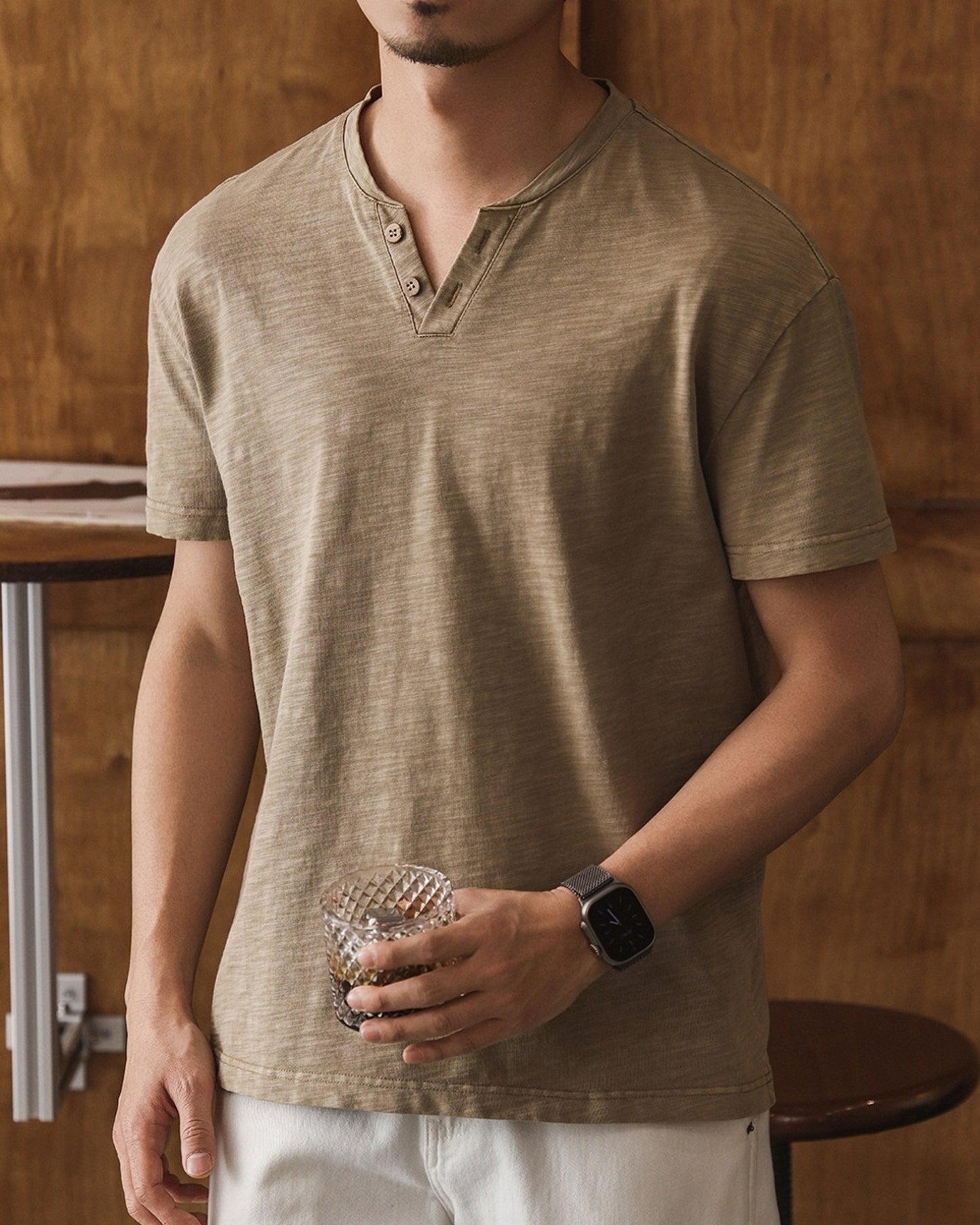 slub cotton henley neck loose short sleeve T-shirt 3color 【ACT0229】