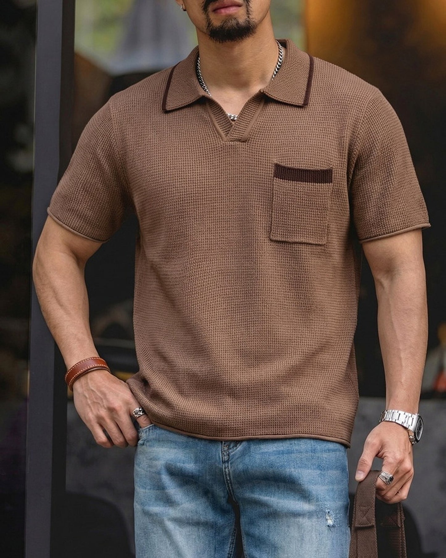 V-Neck Knit Pocket Loose Casual Short-Sleeve Polo Shirt 【ACT0133】