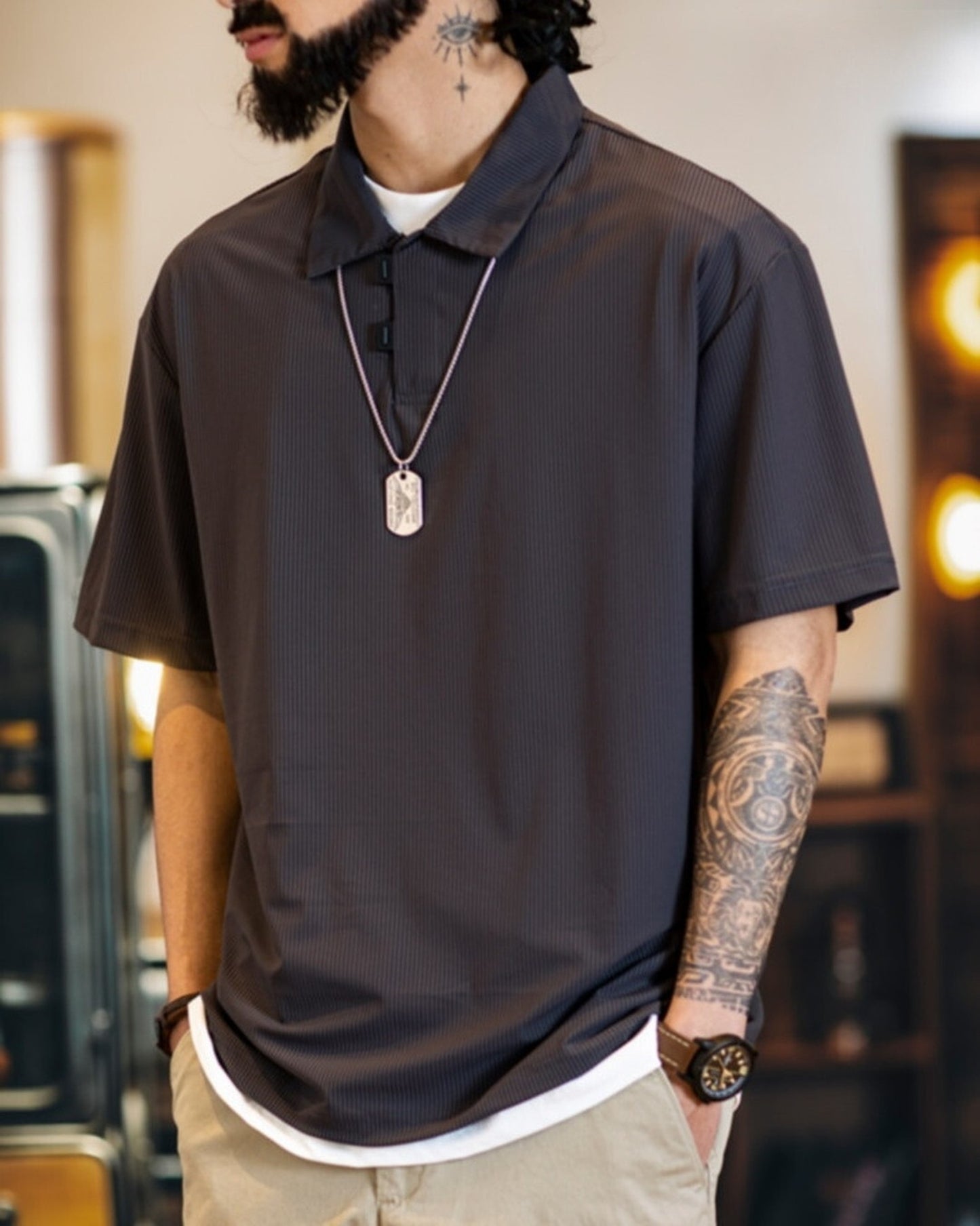Texture Stripe Polo Loose Short-Sleeve Casual Shirt 【ACT0074】