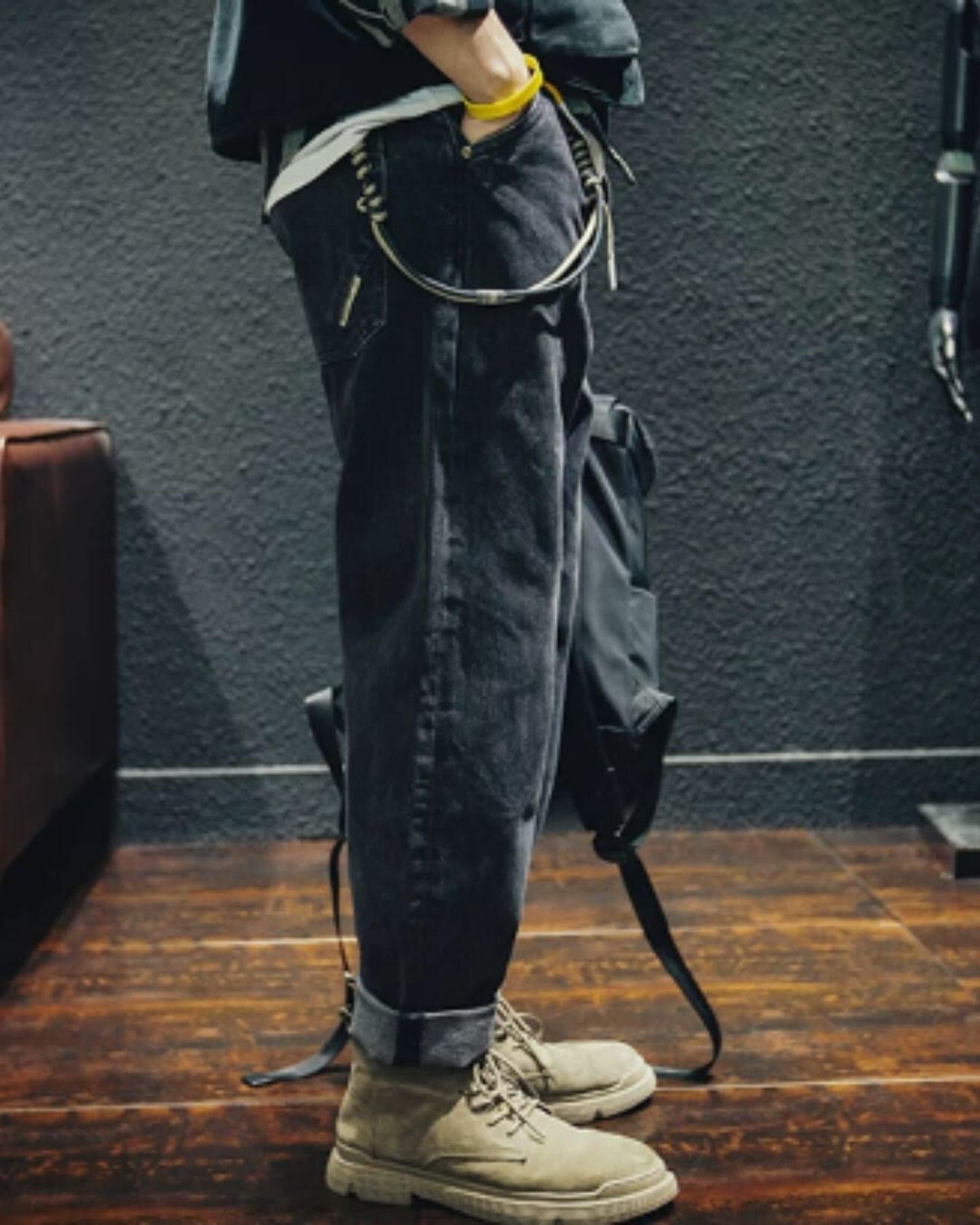 drawstring processed wide straight denim pants 【ACT0022】