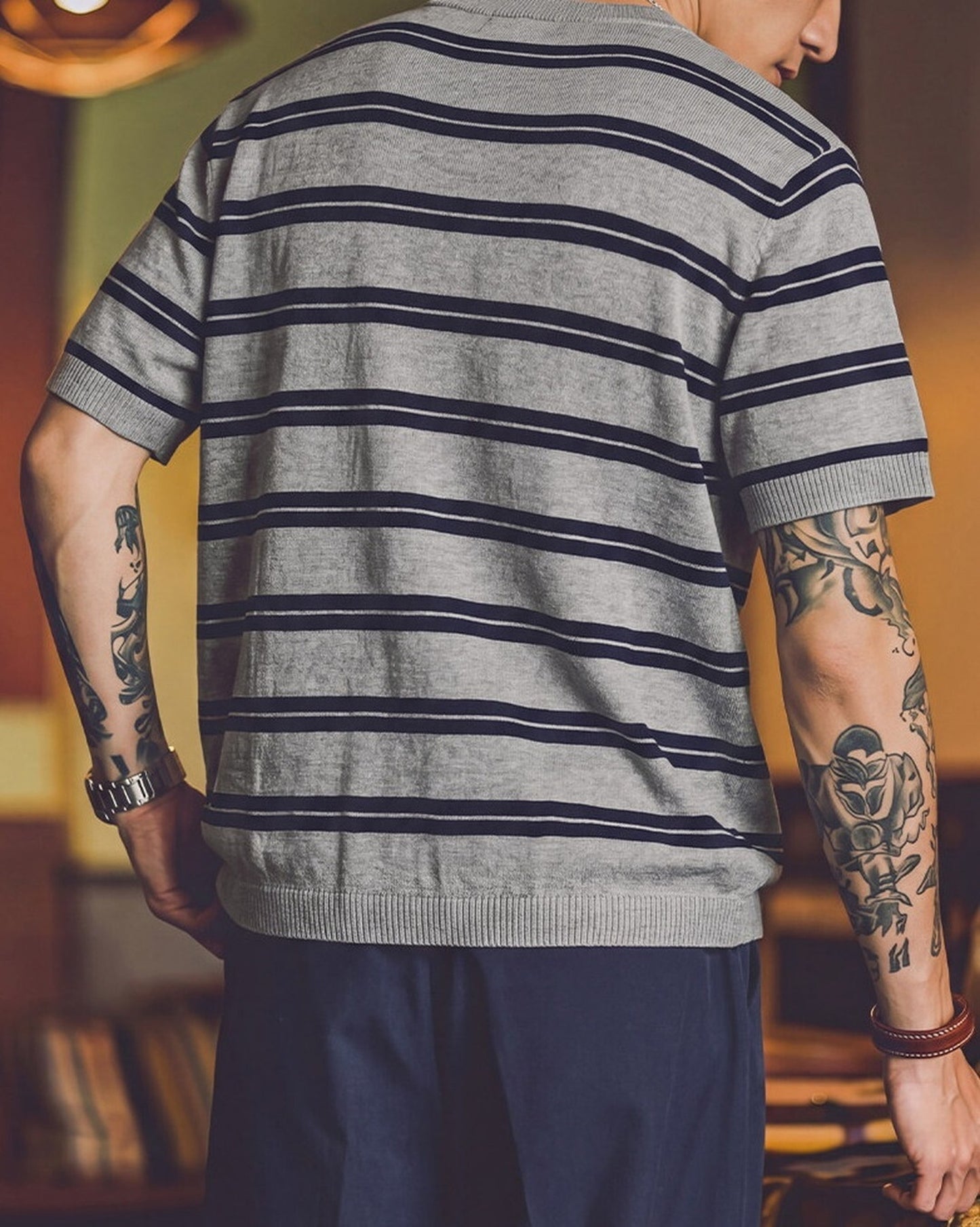 Striped Relaxed Fit Knit Short Sleeve Polo Shirt 2color 【ACT0117】
