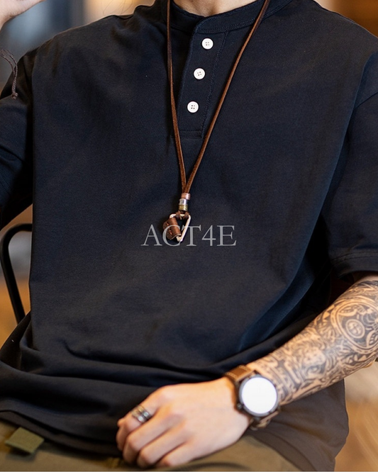 Henley-Neck Casual Loose Short-Sleeve T-Shirt 4color 【ACT0076】