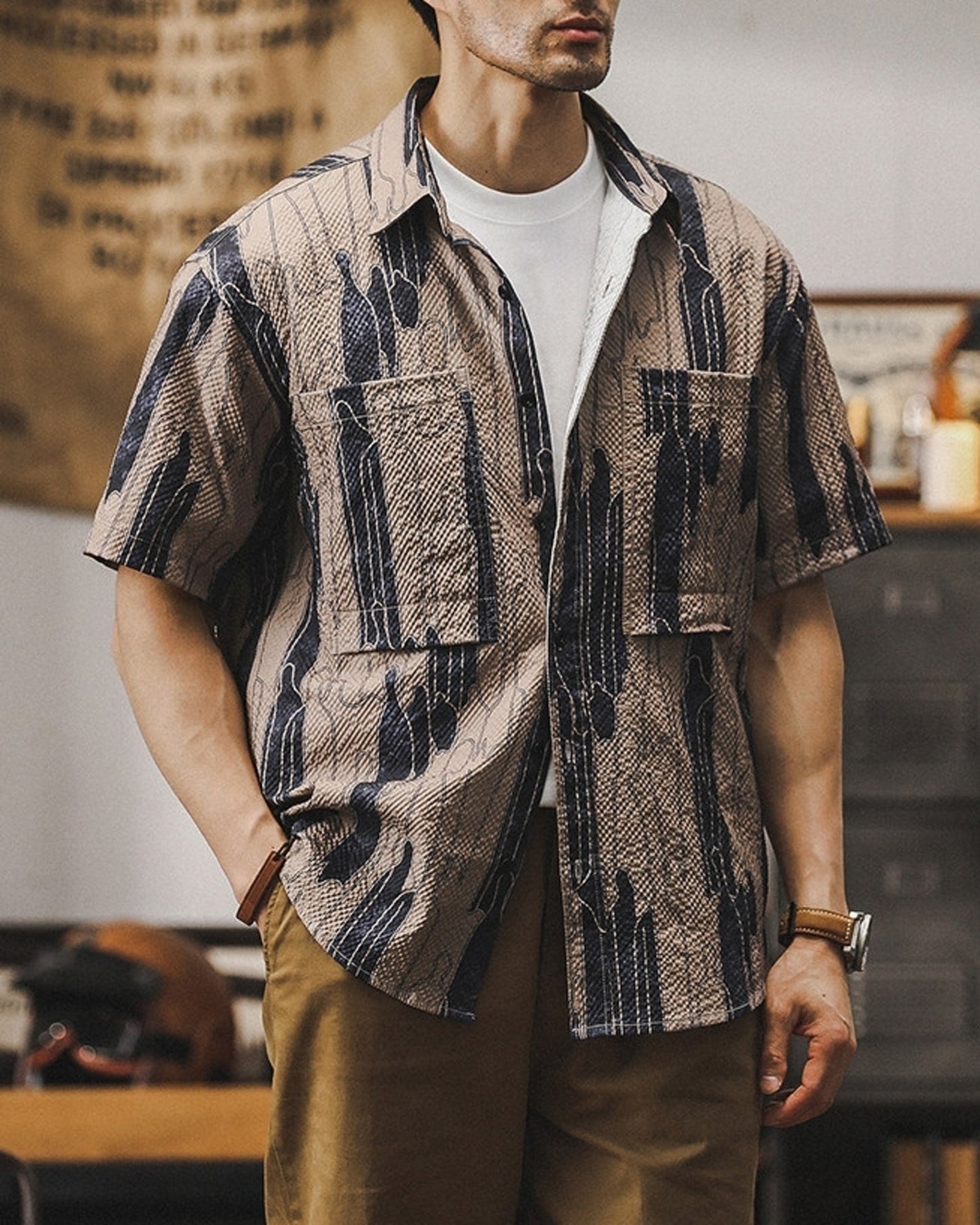 vintage pattern loose short sleeve work shirt 2color 【ACT0227】