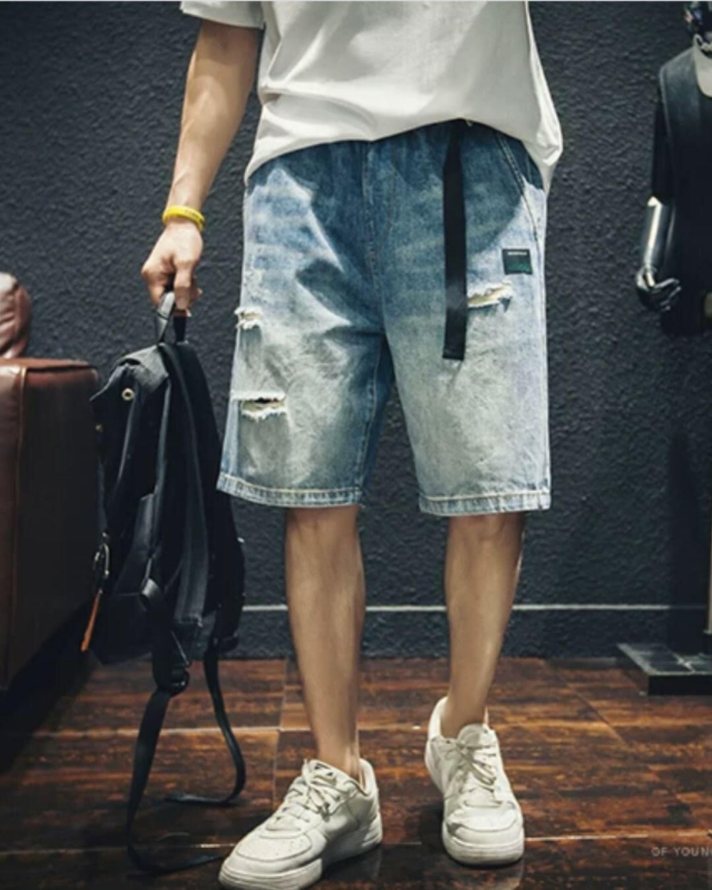 damage processed belted denim half pants 【ACT0005】