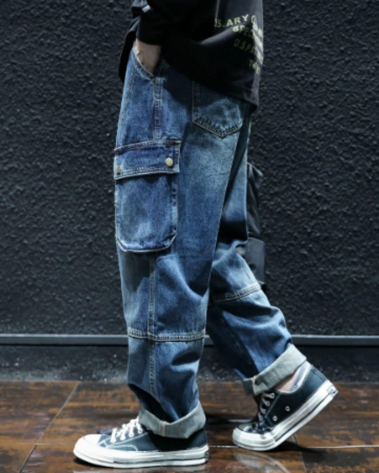 vintage processed loose fit cargo denim pants 【ACT0023】