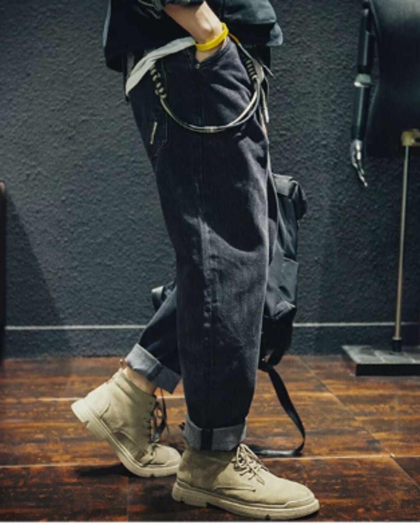 drawstring processed wide straight denim pants 【ACT0022】