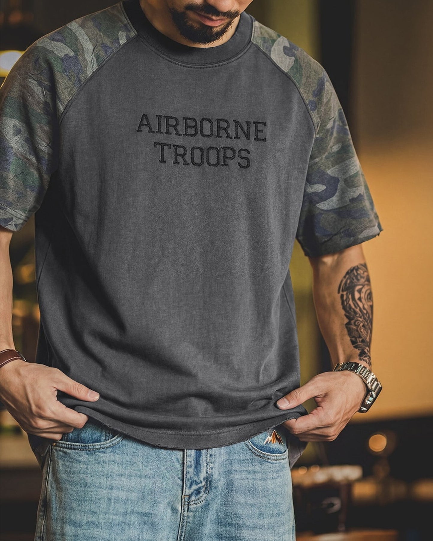 Military-Camo Raglan-Sleeve Loose Casual Short-Sleeve T-Shirt 2color 【ACT0127】