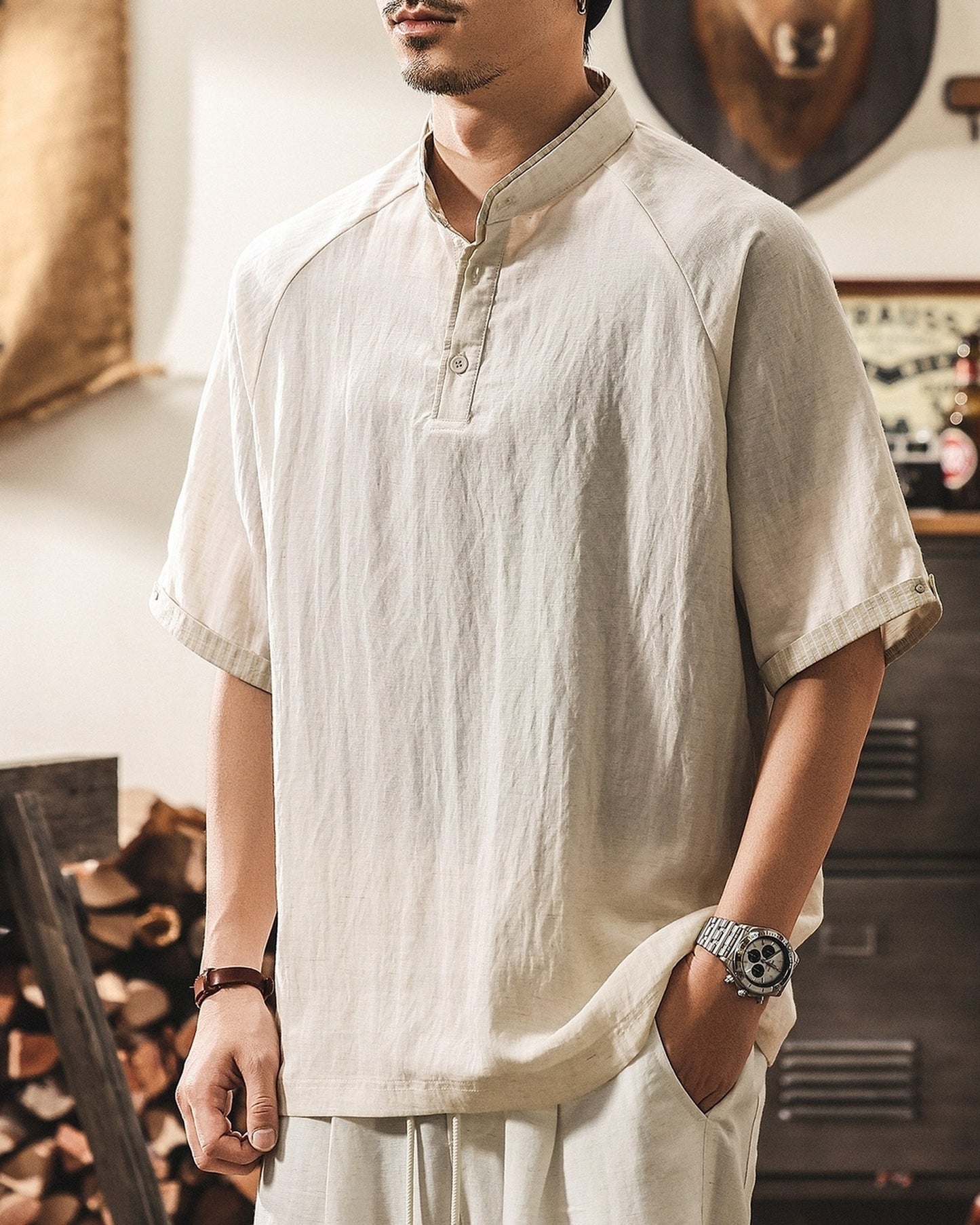 band collar henley neck short sleeve shirt 2color 【ACT0166】