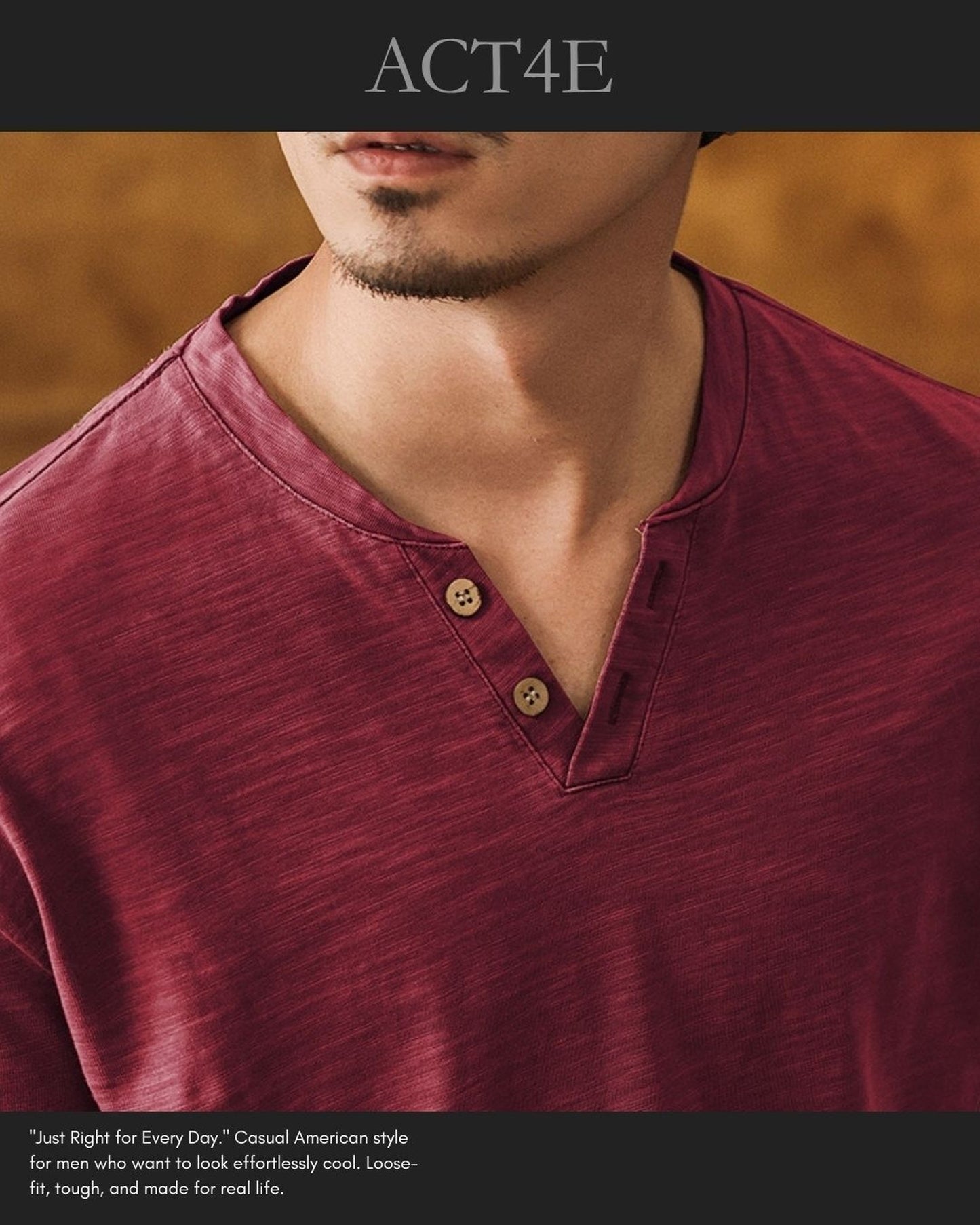 slub cotton henley neck loose short sleeve T-shirt 3color 【ACT0229】