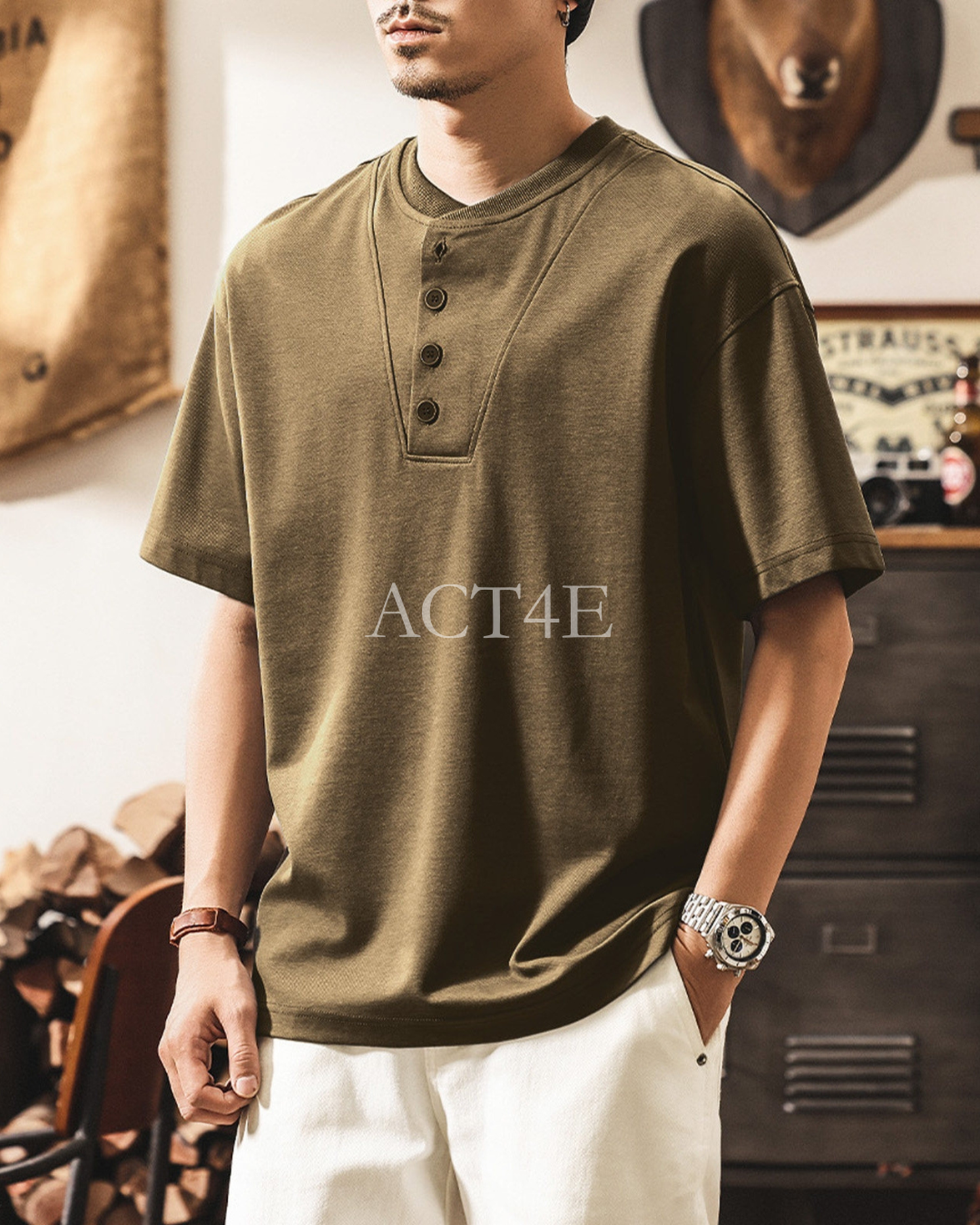 american retro henley neck short sleeve t-shirt 2color 【ACT0161】