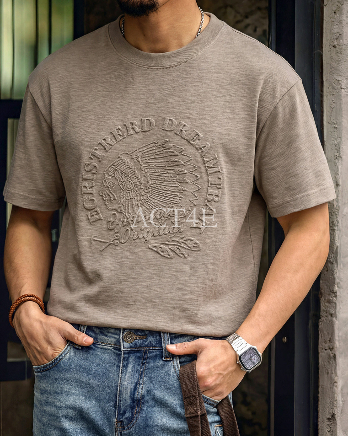 Embossed Relaxed Fit Graphic Slub Casual T-Shirt 2color 【ACT0111】
