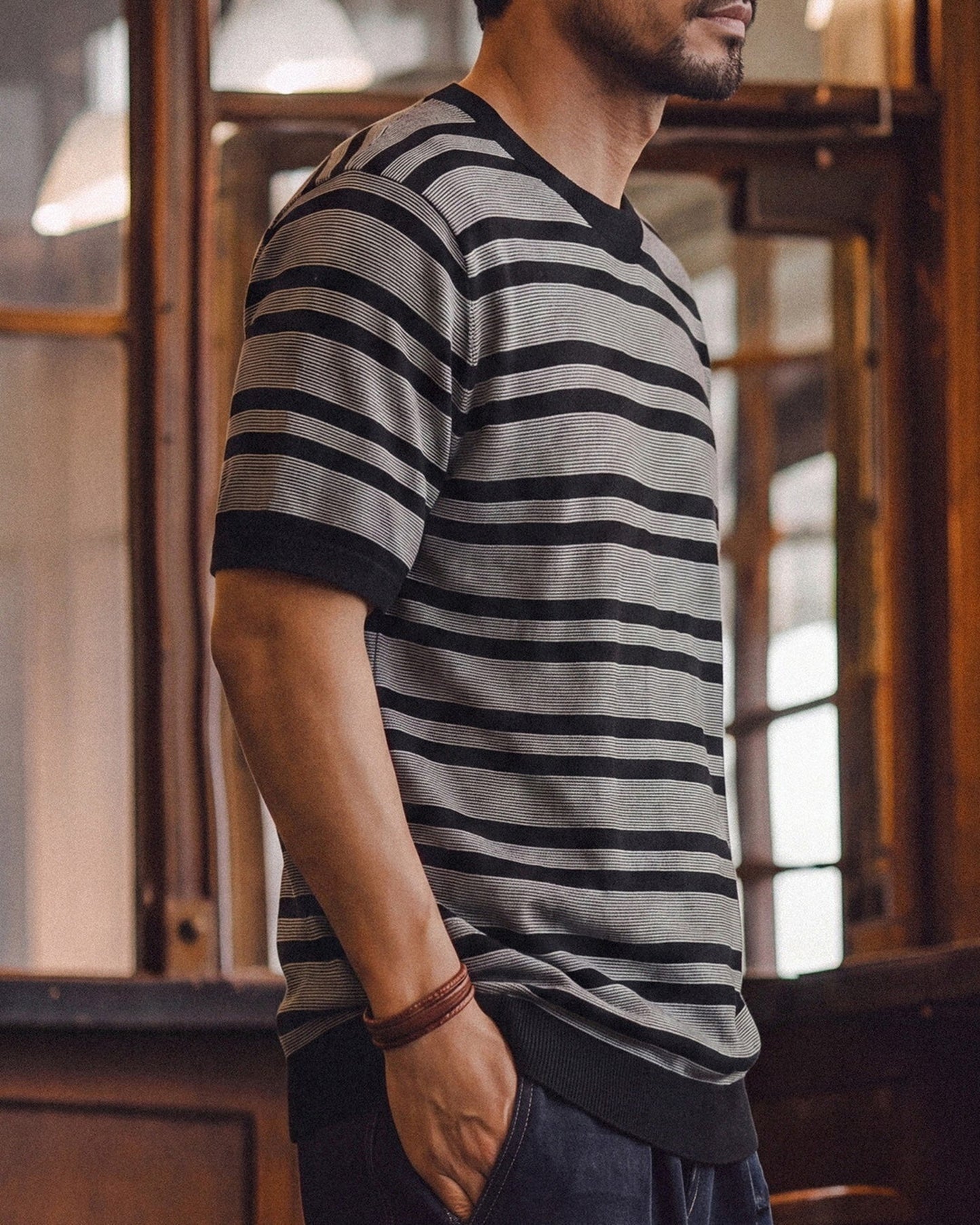 Striped Relaxed Fit Knit Short Sleeve Polo Shirt 2color 【ACT0120】