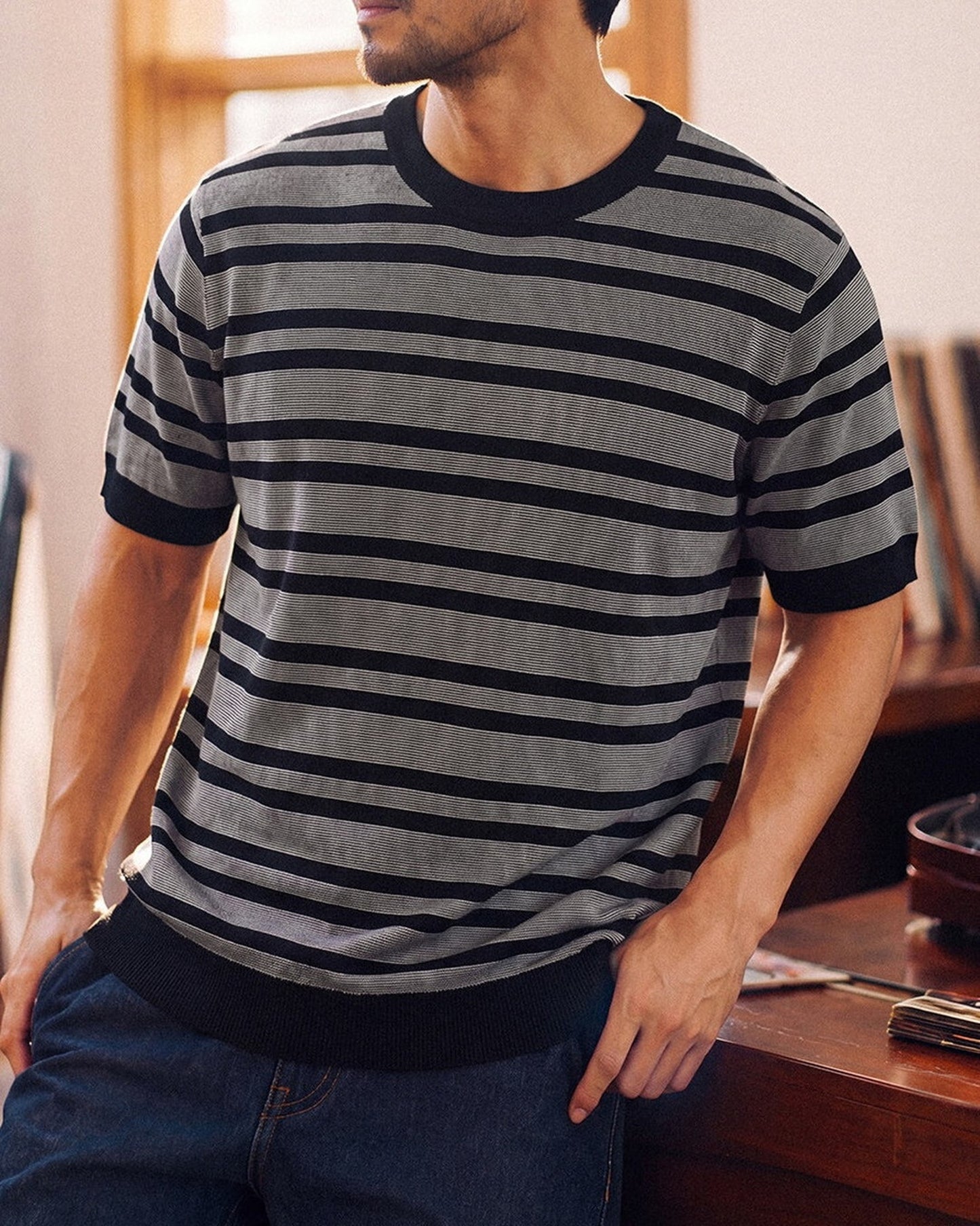 Striped Relaxed Fit Knit Short Sleeve Polo Shirt 2color 【ACT0120】