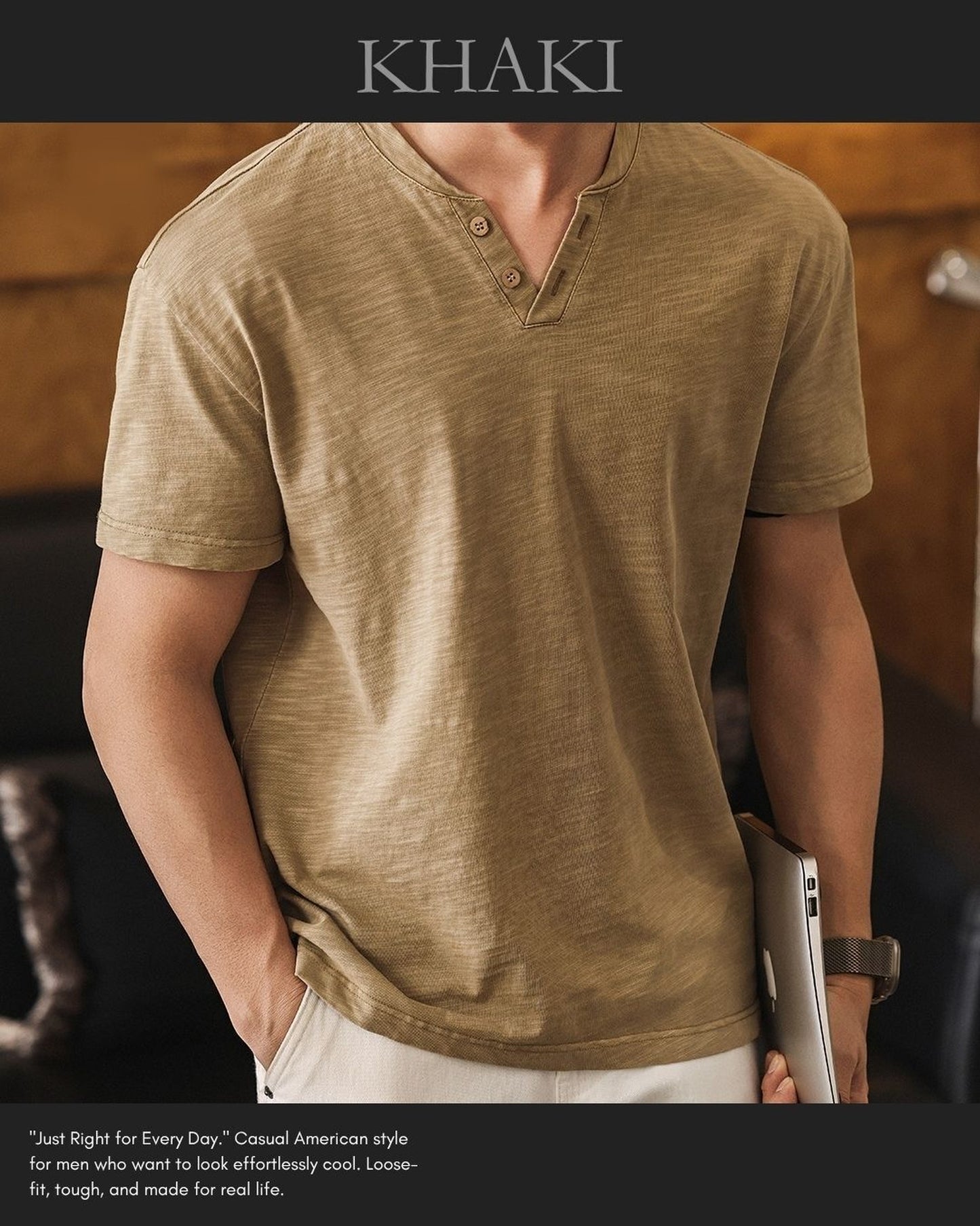 slub cotton henley neck loose short sleeve T-shirt 3color 【ACT0229】