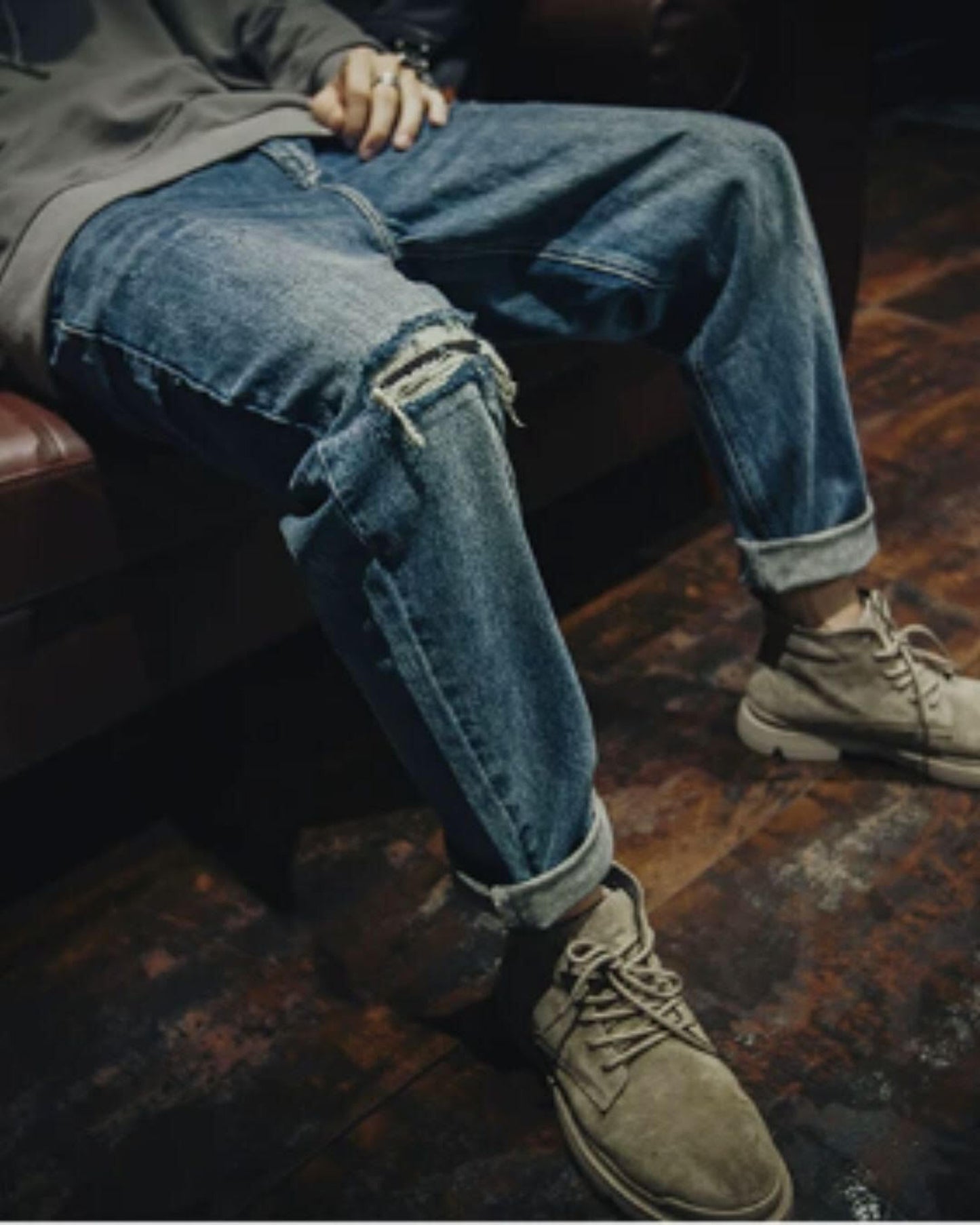 damage straight wide denim pants 【ACT0015】