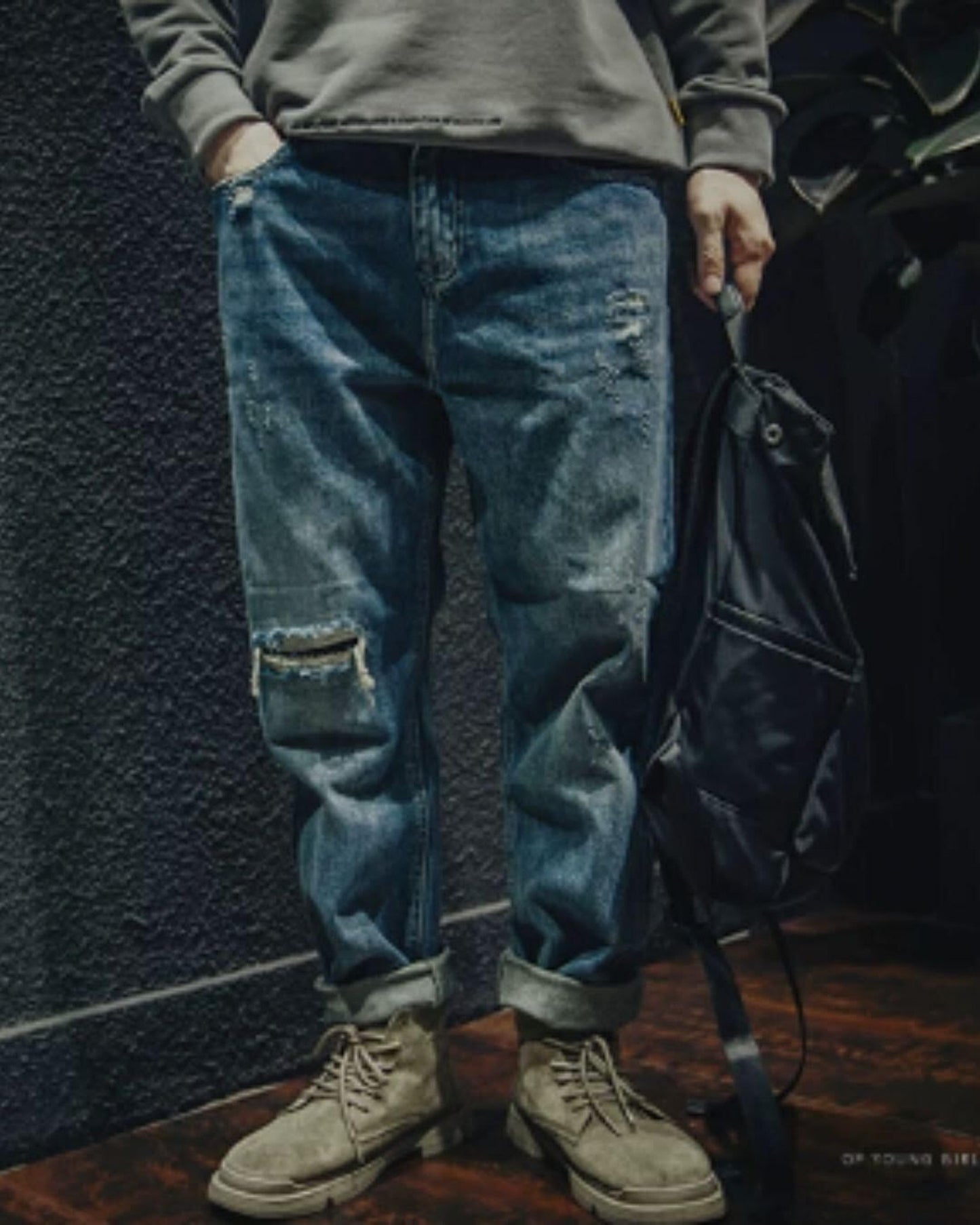damage straight wide denim pants 【ACT0015】