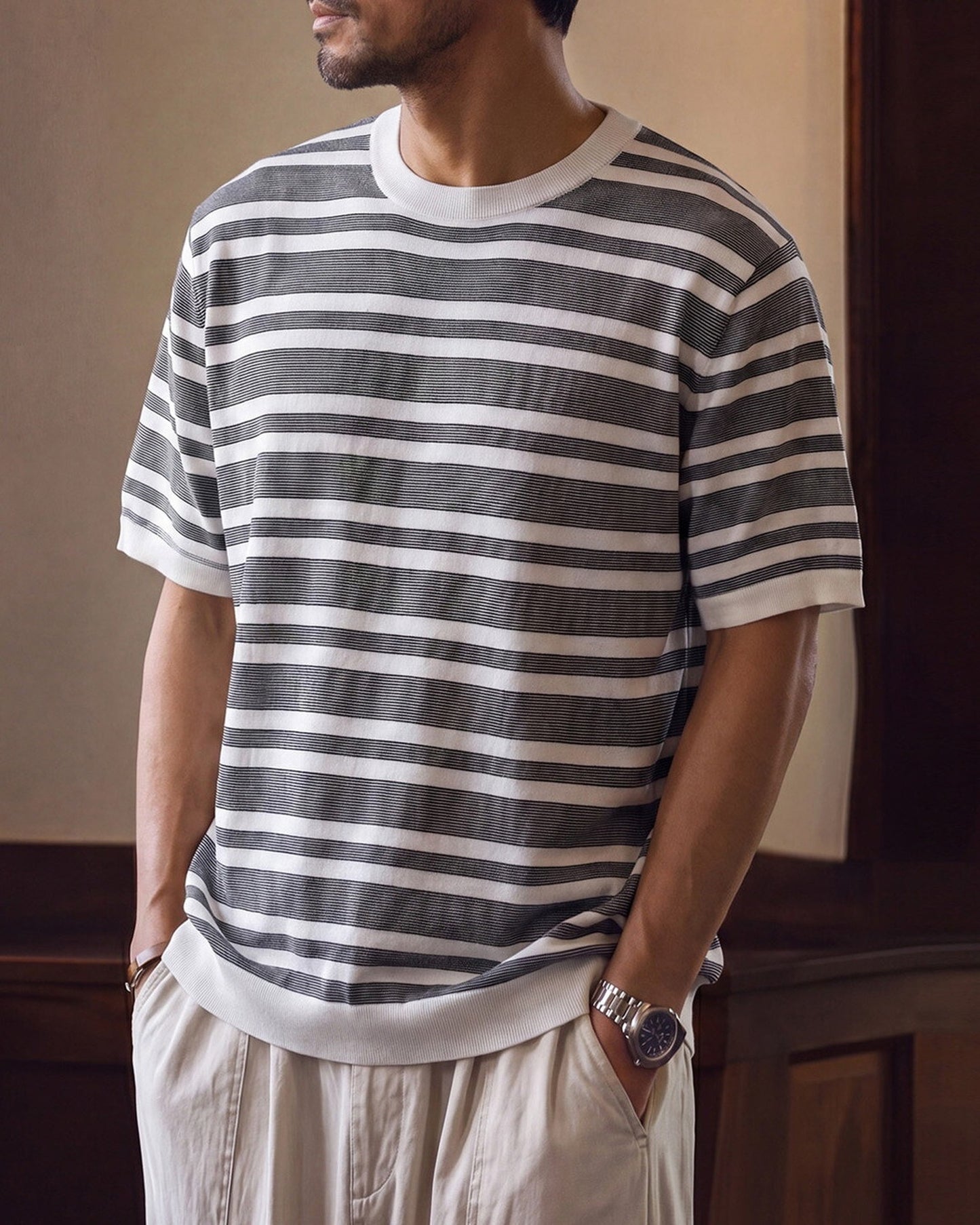 Striped Relaxed Fit Knit Short Sleeve Polo Shirt 2color 【ACT0120】
