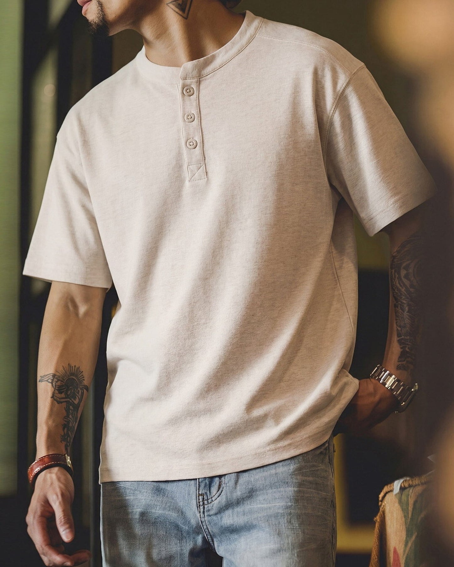 Short-Sleeve Cotton Henley-Neck Loose Casual T-Shirt 2color 【ACT0125】